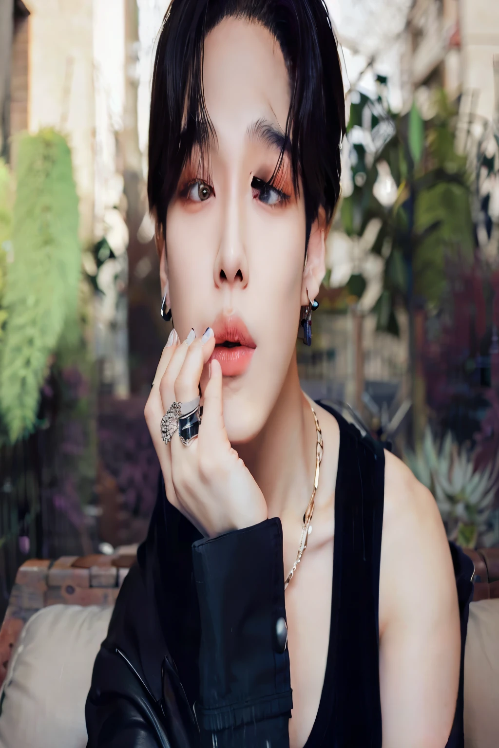 a close-up of a person sitting on a sofa with a ring on their finger, park Jimin, Jimin, Jimin\the full lips, Jimin\o nariz grego, Jimin\the right eyelid is swollen, hyung tae, cai xukun, Hong junho hyung, Jung Jaehyun, accurate Jimin face, taejune kim, Yanjun Chengt, hyung tae kim