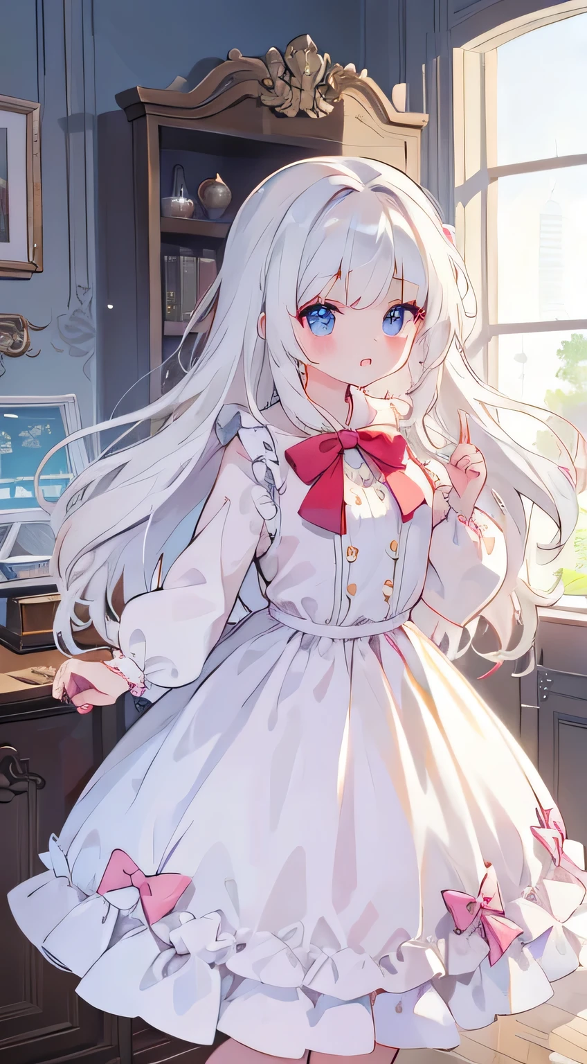 bowing、Beautiful bow、With hem、Onepiece、Long Ribbon、white hair、Wavy Hair、masterpiece、top-quality、Top image quality、Inside the city