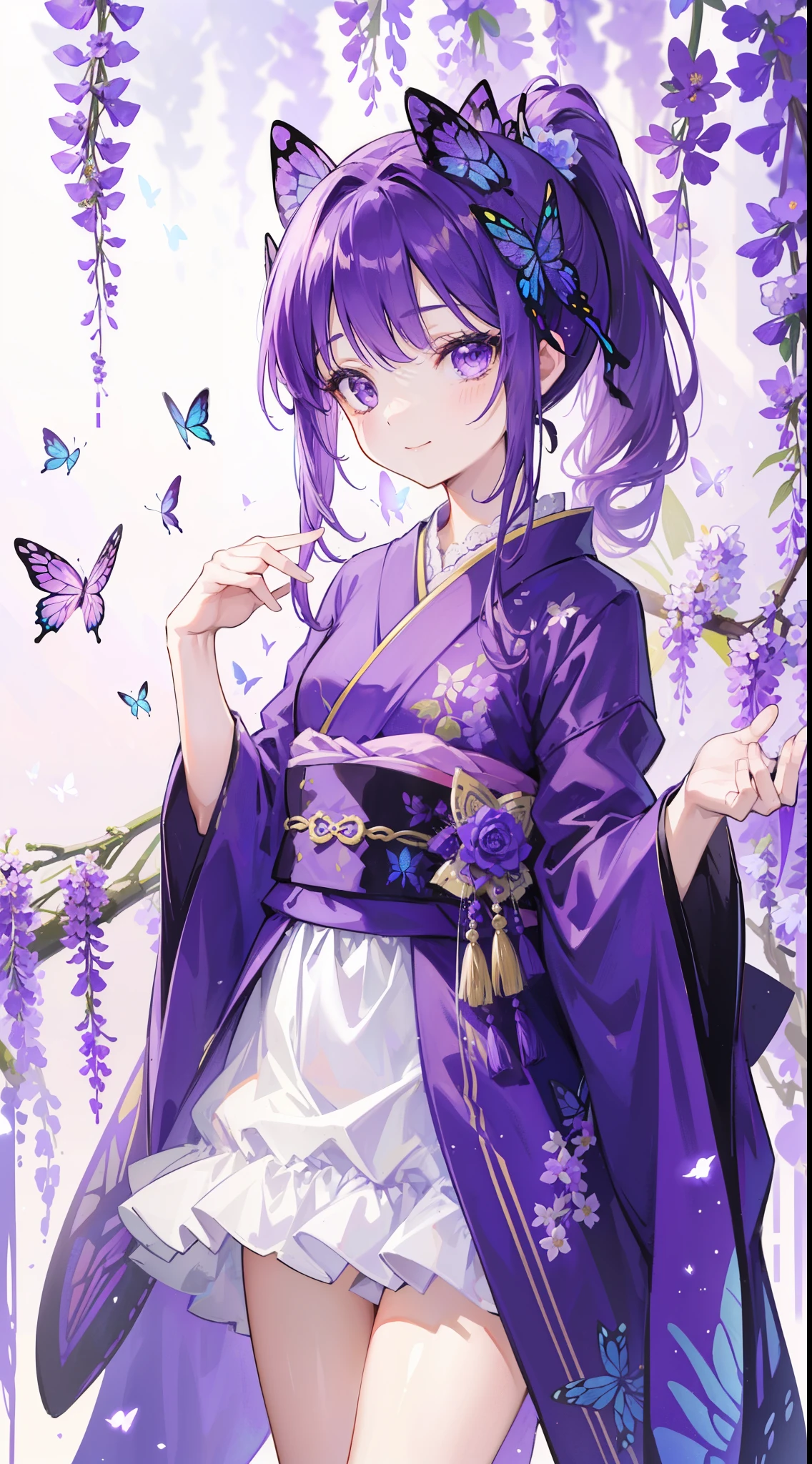 (32k), ((cute girl)), (hight quality), (high-level image quality), (smile), (hight quality wisteria flowers background), (32k background), (wisteria trellis),
(purple short ponytail), (purple eyes), (18 years old), (illustration), (purple light particles), (purple kimono), (purple Japanese clothes), (((front))), (32k), (beautiful cute girl), (butterfly ornament), (butterfly dress), ((many butterflies)), (((background of many flowers
))), (((bright background))), (beautiful world), (cute world), smile,
