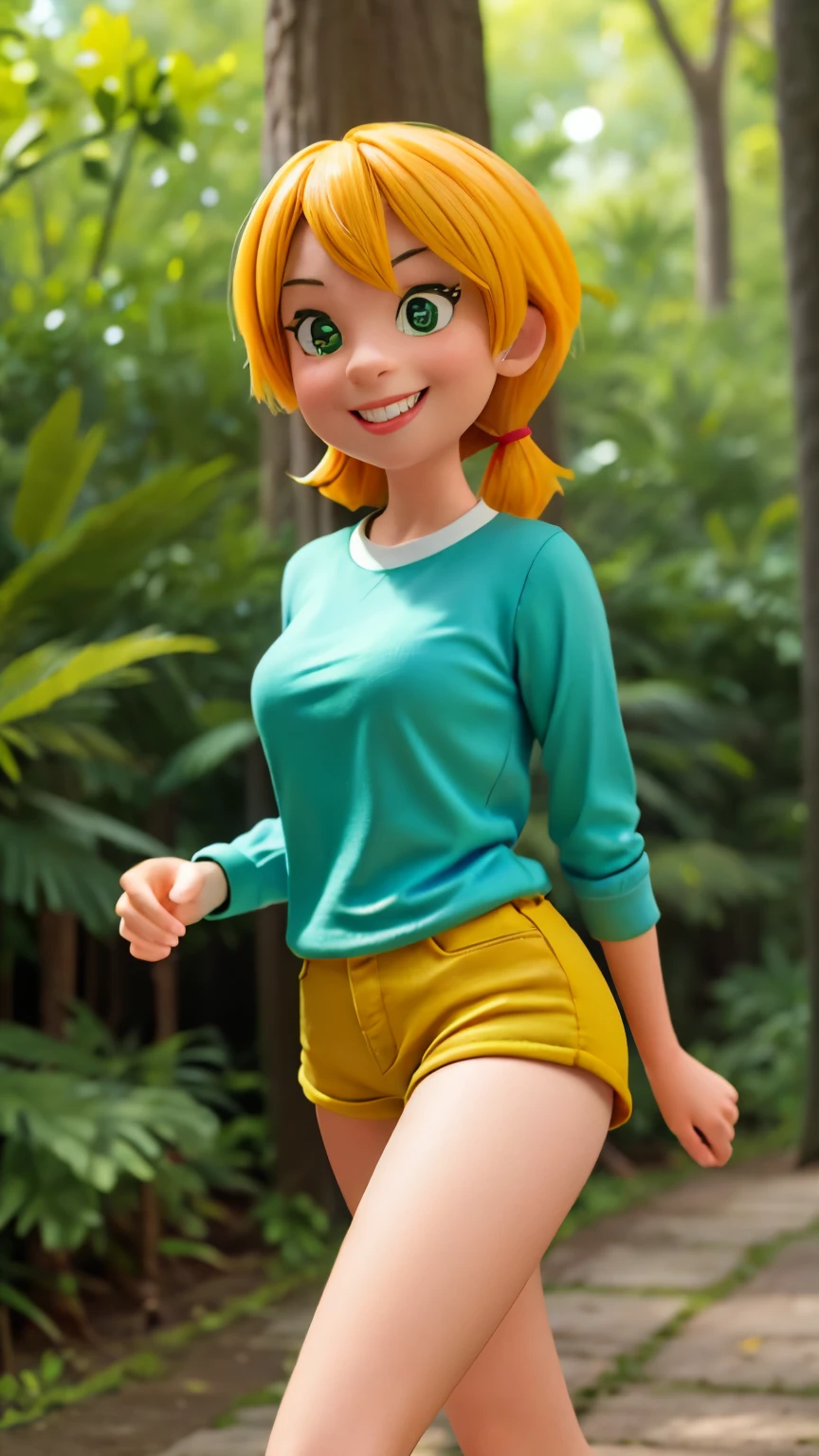 Woman in her 30s running along a forest path, wearing short jean shorts and thigh high socks, and a bright green, tight, shirt, grinning ear to ear, bright sunny day