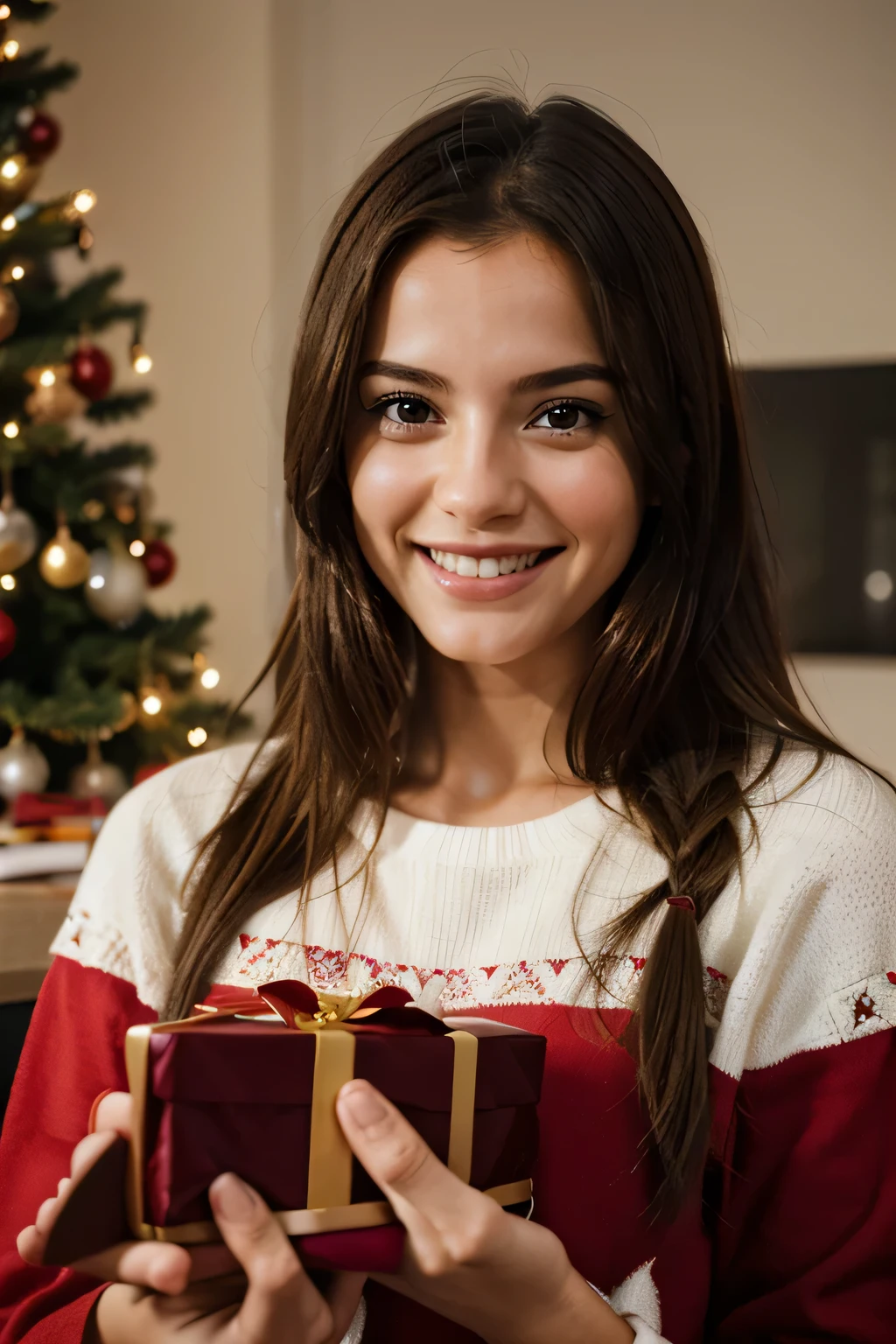 A European girl super happy when she opens a gift., foto realista