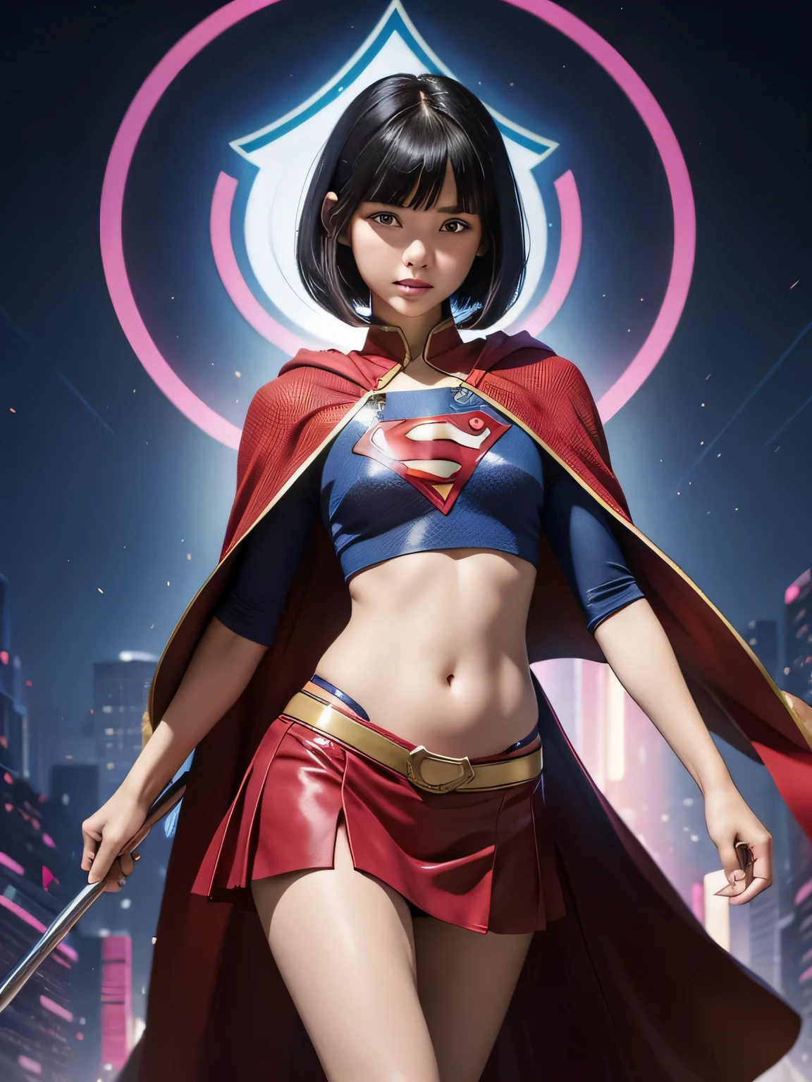 super girl elementary school student, masterpiece, highest quality, abstract, psychedelic, neon, (honeycomb pattern), (creative:1.3), fantasy 00d、 black hair、bob cut with trimmed ends、flat chest、Thin crotch、lolicon、&#39;face、standing on the walkway、Shining crotch、belly button、High-leg style、red cloak、Swelling of the nipples、bewitching pose