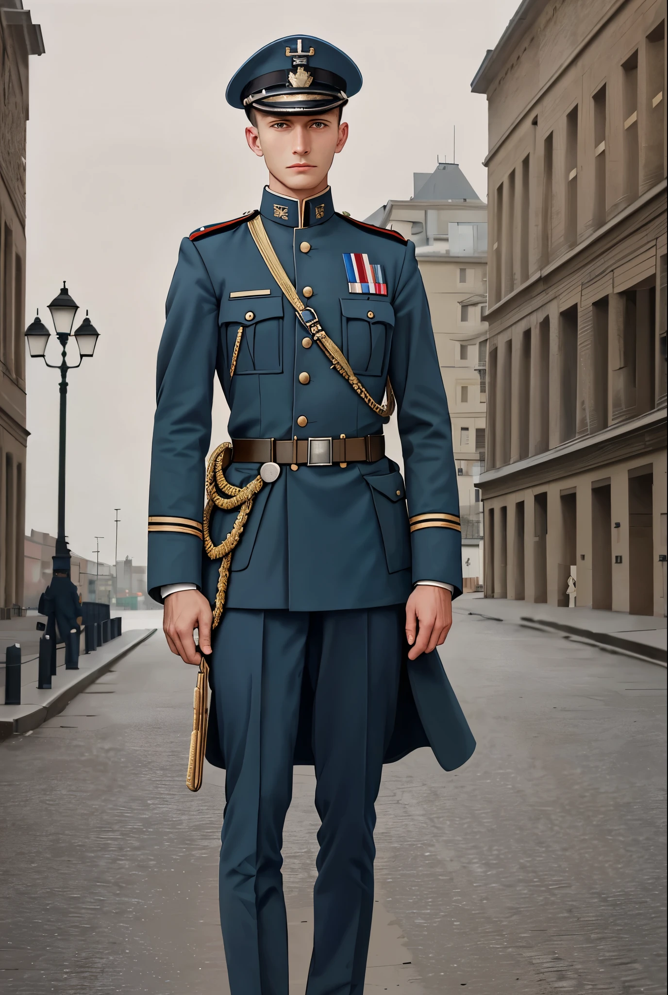 arafed image of a man in a military uniform standing in front of a building, taken on a ww 1 camera, portrait of a soldier, ww1 photo, 1 8 0 0 s soldier, in a soldier uniform, soldier clothing, author unknown, ww 1, ww1, soldier, in uniform, by August Sander, by Dave Allsop