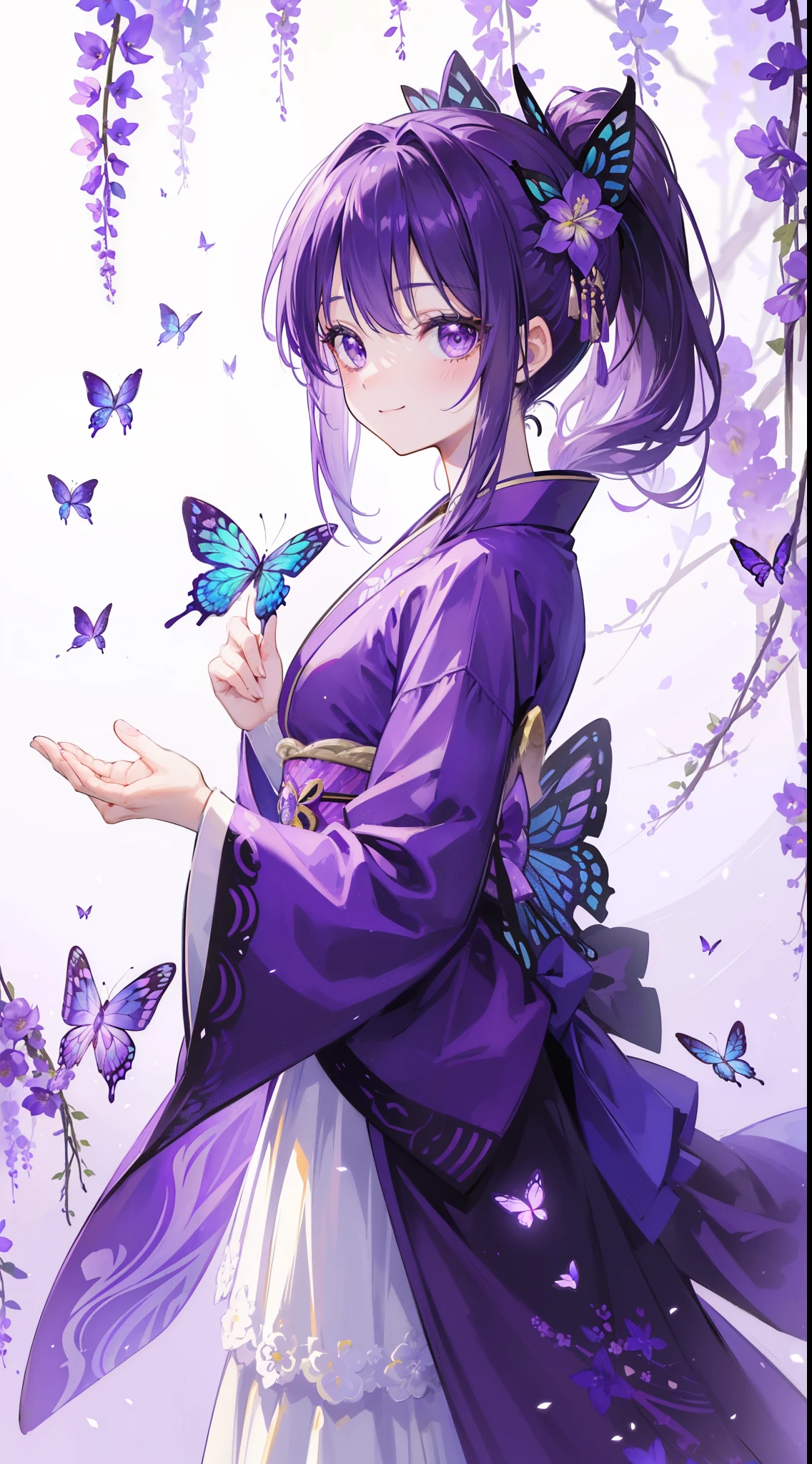(32k), ((cute girl)), (hight quality), (high-level image quality), (smile), (hight quality wisteria flowers background), (32k background), (wisteria trellis), 
(purple short ponytail), (purple eyes), (18 years old), (illustration), (purple light particles), (purple kimono), (purple Japanese clothes), (((front))), (32k), (beautiful cute girl), (butterfly ornament), (butterfly dress), ((many butterflies)), (((background of many flowers
))), (((bright background))), (beautiful world), (cute world), smile, 