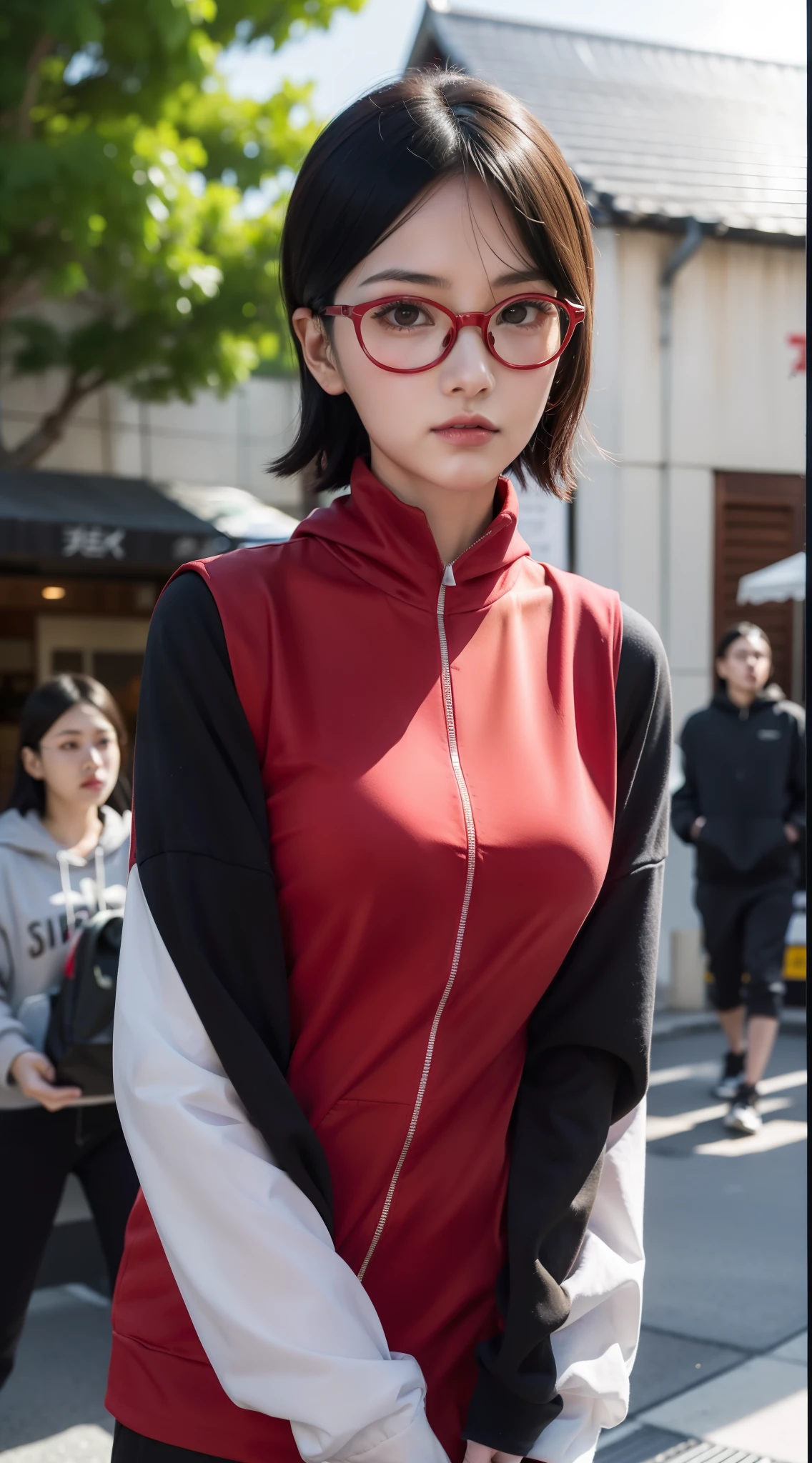 1 girl, create a character (uchiha sarada) with photo realistic, real life, features, wearing red glasses, red glasses accessories, short hair, bangs sweeping to the left, with a medium sized left sponge hairstyle, cute face, beautiful teenager, glowing skin, deep red eye lenses, pink lips/lipstick, expression focused on the screen, with a sweet faint smile, half body, sexy body, large/medium breasts, photo size: 6-19, Tokyo Street, evening , cityscape, city lights, upper body, RAW photos , best quality, masterpiece, realistic, photo-realistic, plain yellow hoodie, half body, bangs, jet black puff, freestyle photos