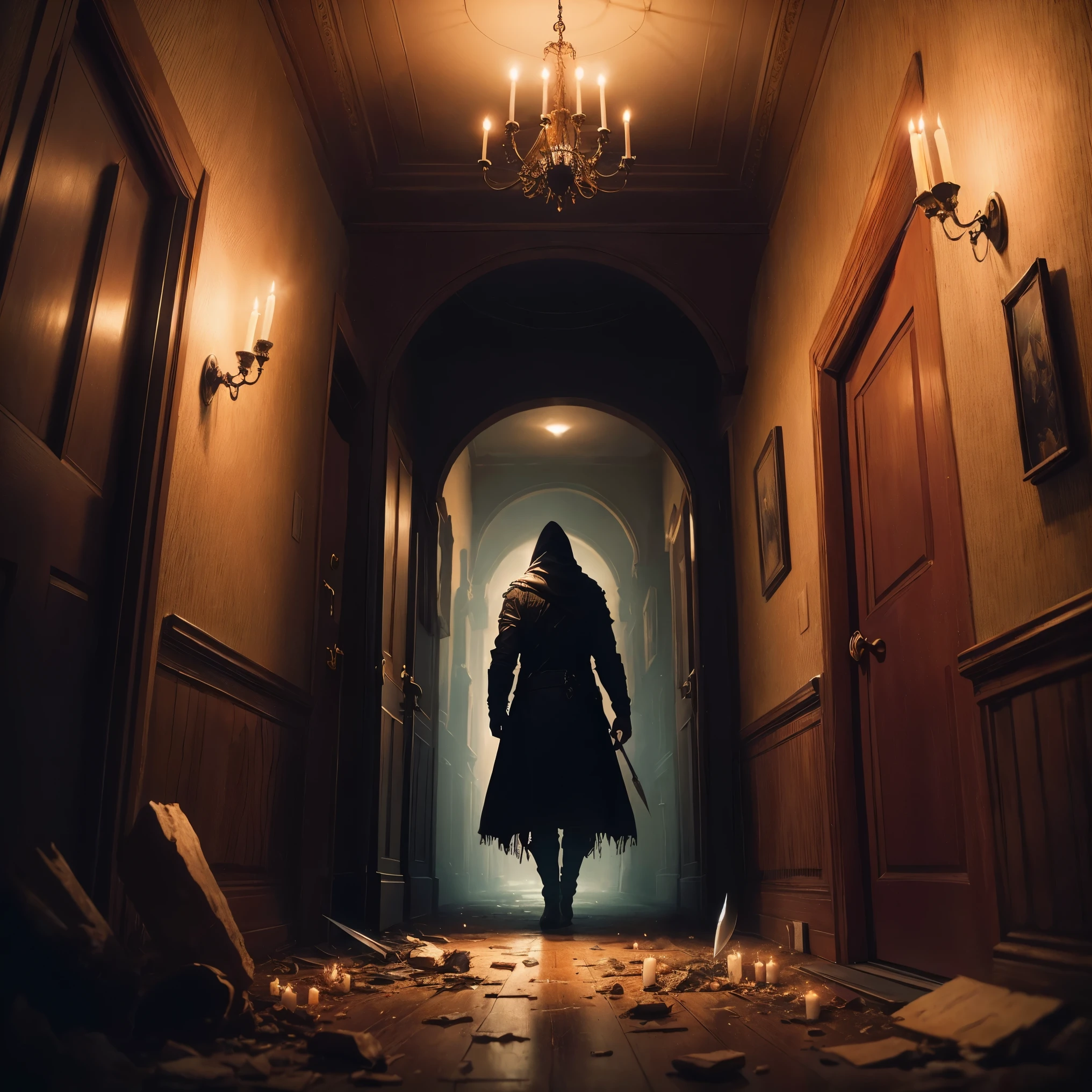 (masterpiece), best quality, cinematic, dark fantasy, horror house, dark hallway, killer with a knife, debris, candlelight, unsettling atmosphere