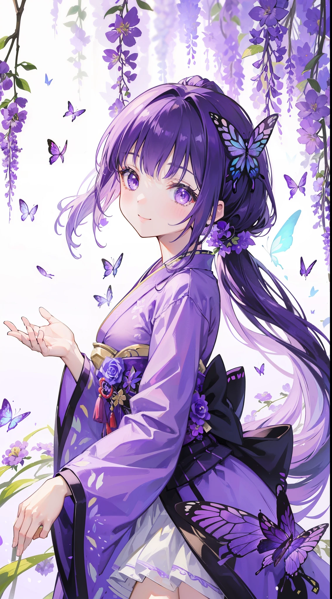(32k), ((cute girl)), (hight quality), (high-level image quality), (smile), (hight quality wisteria flowers background), (32k background), (wisteria trellis),
(purple short ponytail), (purple eyes), (18 years old), (illustration), (purple light particles), (purple kimono), (purple Japanese clothes), (((front))), (32k), (beautiful cute girl), (erfly ornament), (butty dress), ((many butterfl), (((background of many flowers
))), (((bright background))), (beautiful world), (cute world), smile,