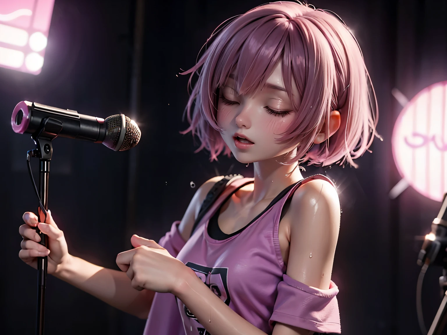 (1Beautiful woman), (pink bob cut), (purple t-shirts), harf closed eyes, open mouth, (scattered sweat:1.1), (holding a handheld microphone and singing)、music studio
