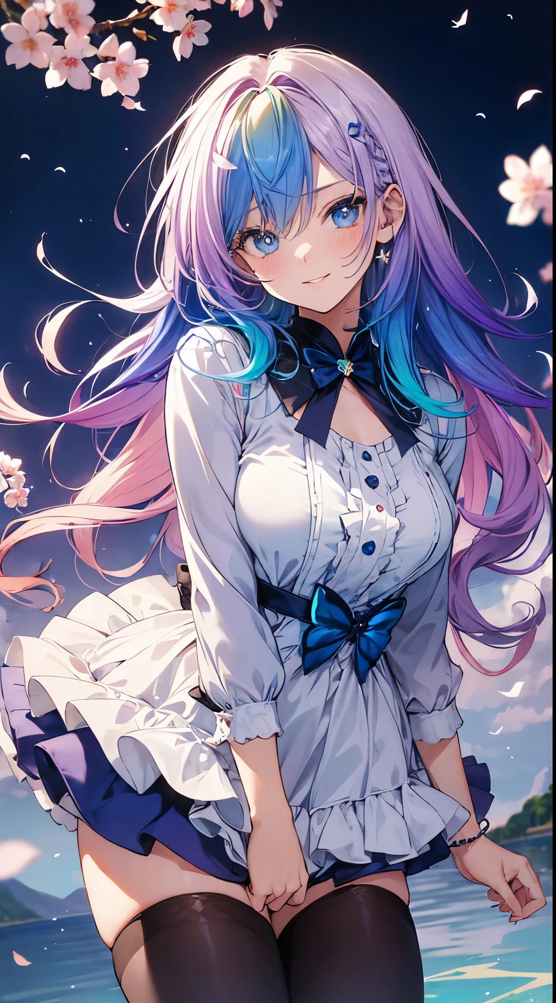 (gradient hair:1.6), dutch angle, film grain, chromatic aberration, starry sky, masterpiece, best quality, raw photo, photorealistic, absurdres, 1girl, cute, perspective, cowboy shot, highres, ultra detailed, finely detail, detailed eyes and face, sharp pupils, realistic pupils, sharp focus, summer, (white long dress:0.6), smiling at viewer Hearts, cute women with blue and purple hair, blue eyes, multicolored butterflies, water, cherry blossoms