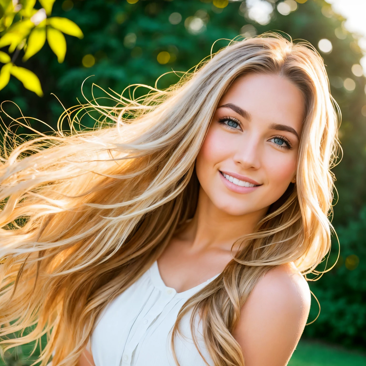 A photorealistic portrait of a 25-year-old American girl with long, flowing blonde hair and striking hazel brown eyes. She should have a natural, approachable expression and be illuminated by soft, golden-hour sunlight. The background should be a scenic outdoor setting, perhaps a sunlit park or beach. Capture this image with a high-resolution photograph using an 85mm lens for a flattering perspective."