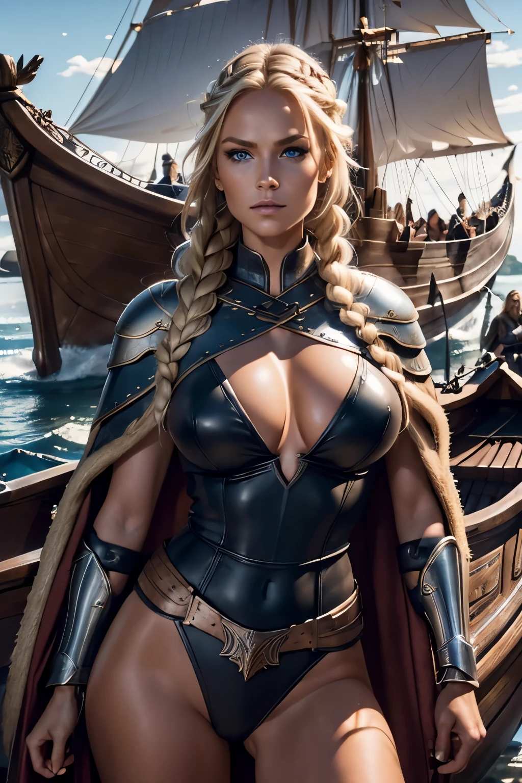 (Gorgeous Woman, Valkyrie, Long blonde hair, braided, blue eyes, detailed facial features, proportional hands, proportional fingers, perfect breast), (leather armor, fur cape), (Viking Longboat in the background),