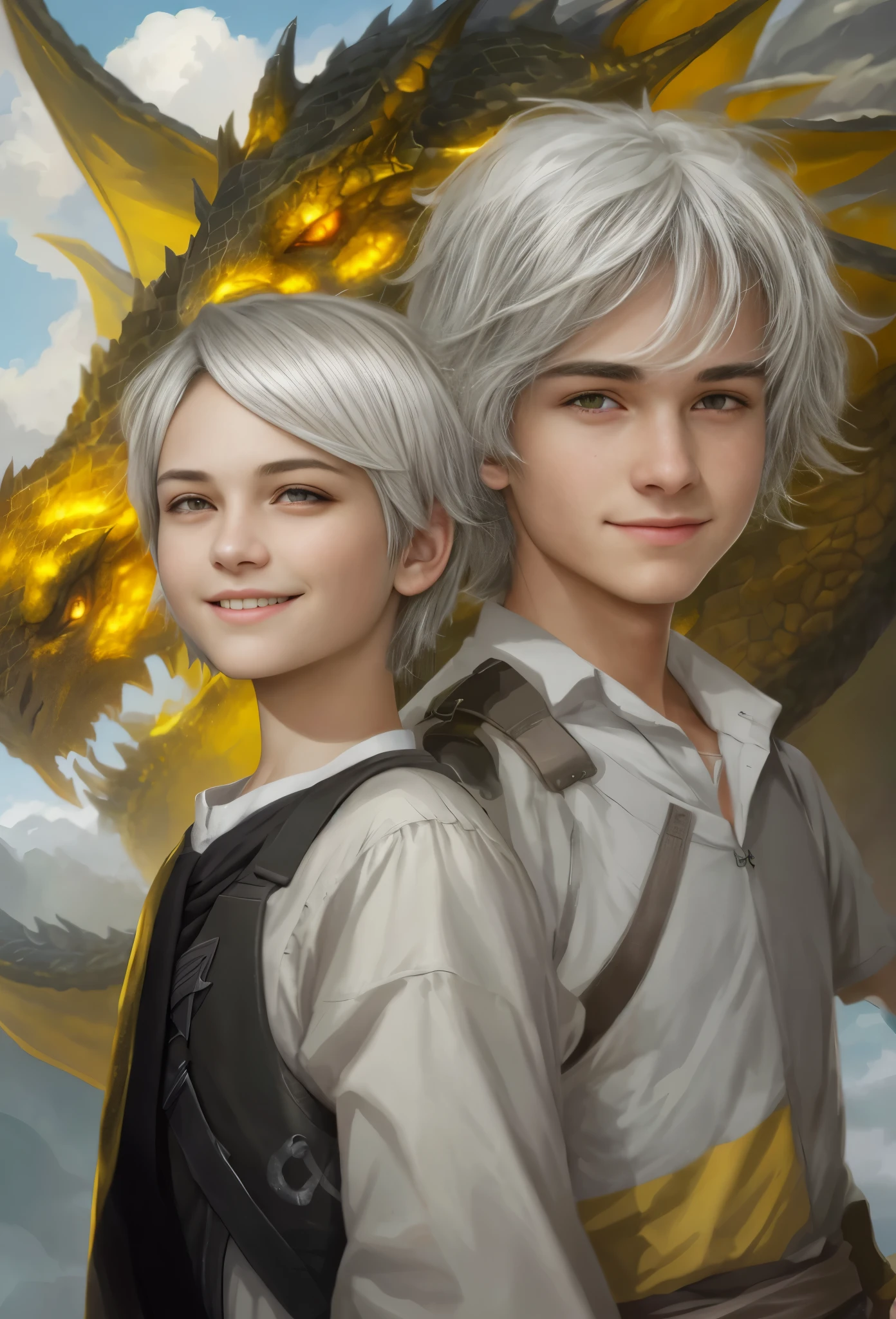 High resolution, portrait, boy with gray hair, short hair and girl with dark hair, 8 years old, yellow eyes, smile, portrait, huge dragon face and sky in the background, realism, fantasy