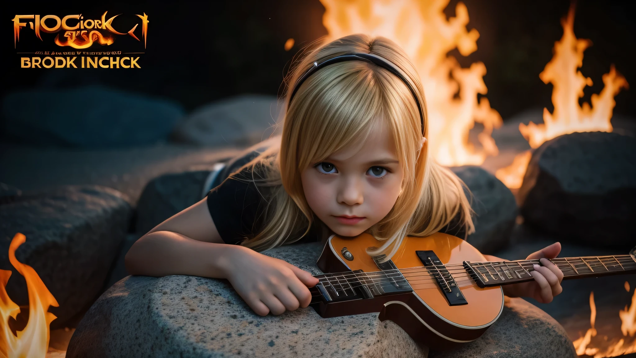 a close up of a blonde  girl rock and roll with a guitar on a rock, fire and ice, fire magic, firemagic, vinyl cover from 1988, (fire), fire & smoke, official artwork, ice and fire, magic, air and fire, album cover!, new album cover, fire and flame, fire and smoke, flame and fire, fire and water