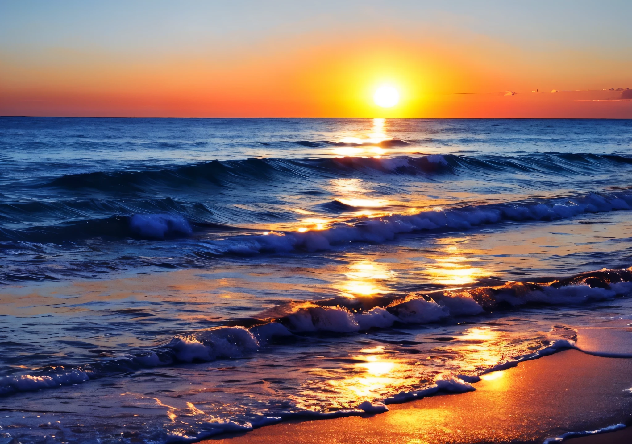 Un atardecer, con el sol cayendo sobre el mar.