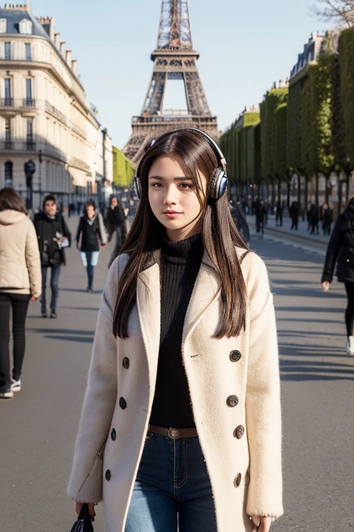 In a stunning afternoon atmosphere in the middle of Paris, you can see the Eiffel Tower, a beautiful 20 year old woman walks along the street. Her hair was straight and smooth, flowing gracefully. He wore warm clothes suitable for the afternoon weather. On her head, she wore headphones which added a touch of style to her appearance.