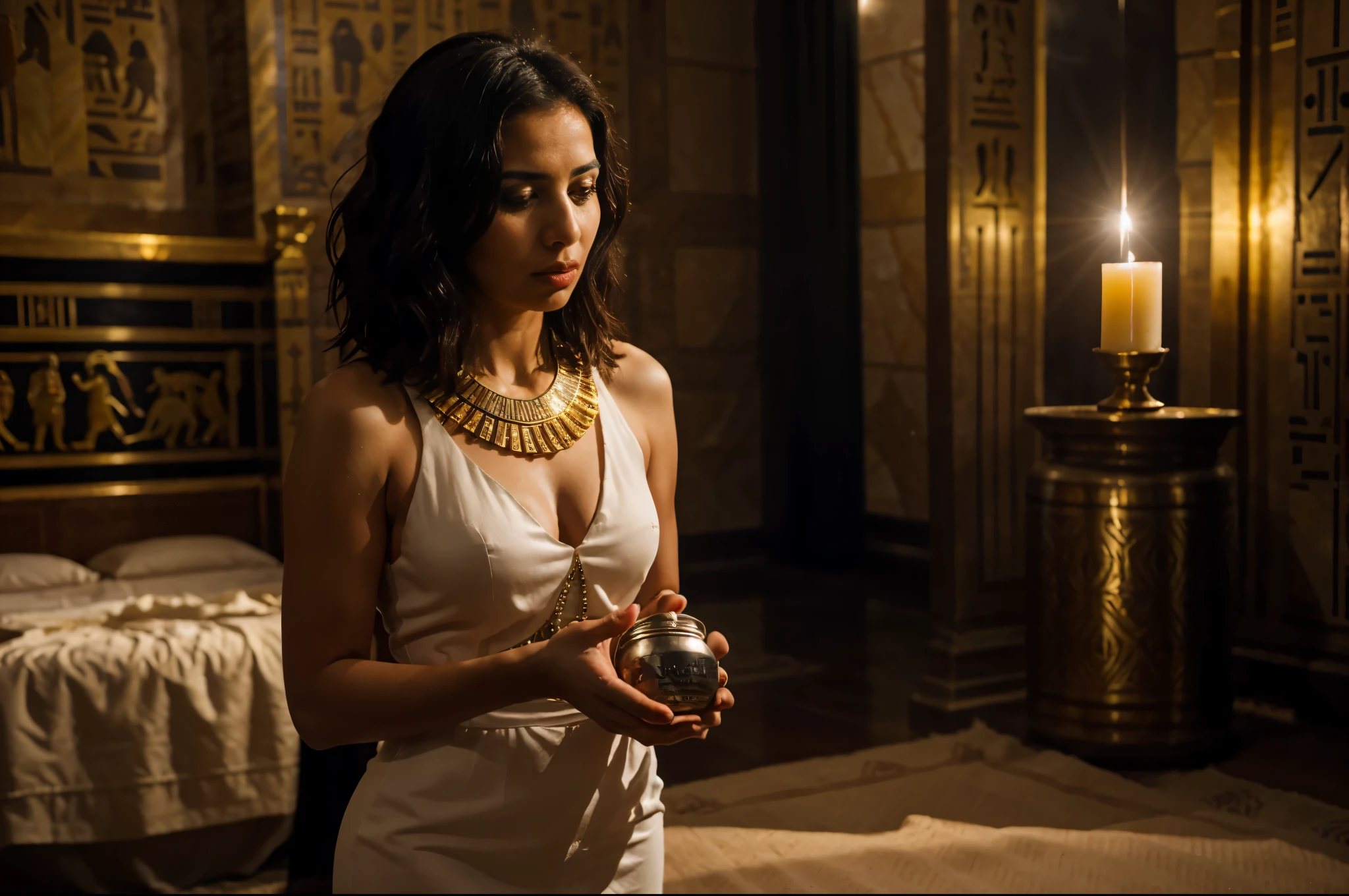 Egyptian woman, Preto, cabelo curto em vestido branco claro, holding a small silver pot with oil, luxurious bedroom of an ancient Egyptian king, cena fotorrealista, night time,dramatic, cinematographic, 4k resolution, hiperdetalhado, dramatic scene, extremamente, corpo todo, corpo todo, vista frontal