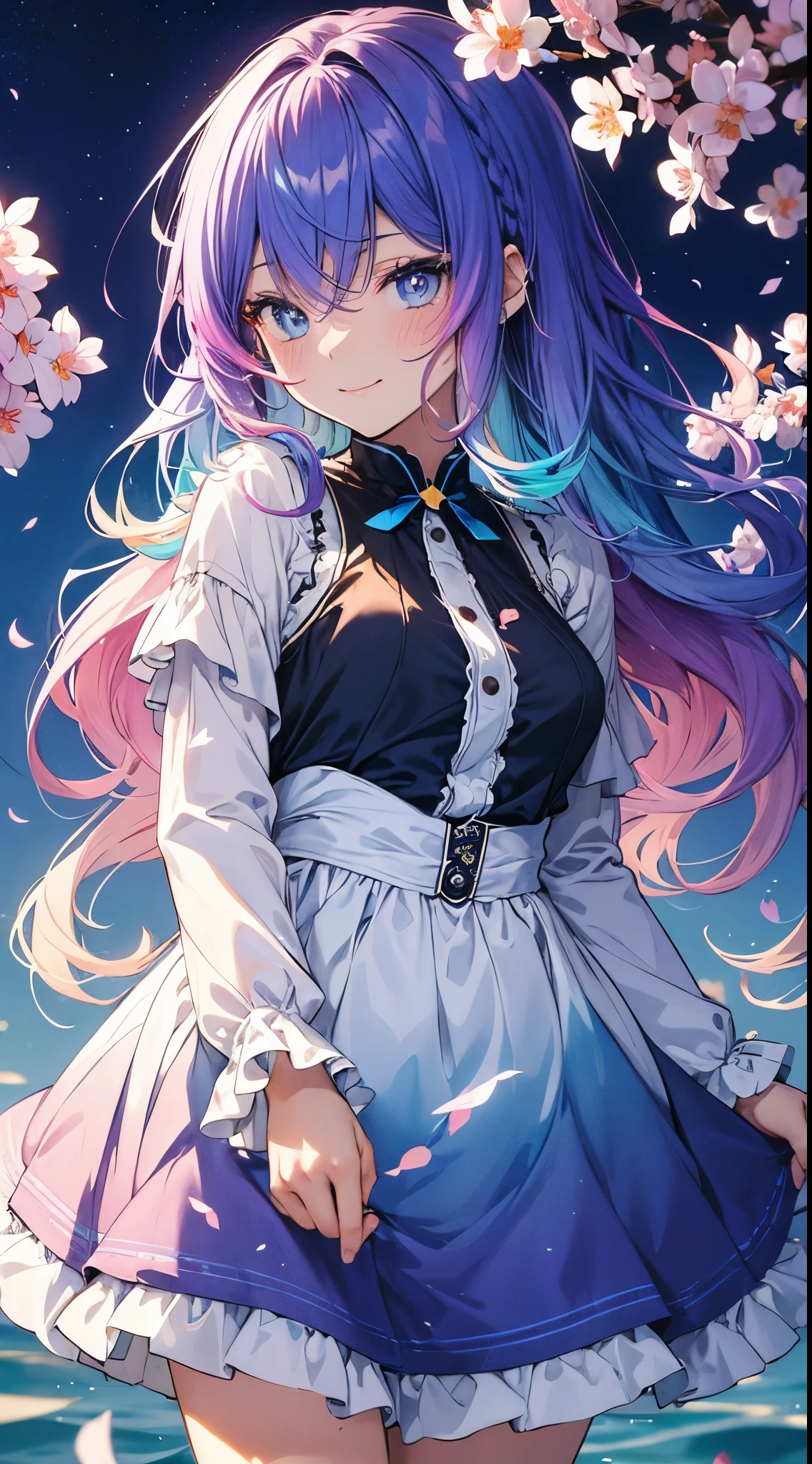 (gradient hair:1.6), dutch angle, film grain, chromatic aberration, starry sky, masterpiece, best quality, raw photo, photorealistic, absurdres, 1girl, cute, perspective, cowboy shot, highres, ultra detailed, finely detail, detailed eyes and face, sharp pupils, realistic pupils, sharp focus, summer, (white long dress:0.6), smiling at viewer Hearts, cute women with blue and purple hair, blue eyes, multicolored butterflies, water, cherry blossoms