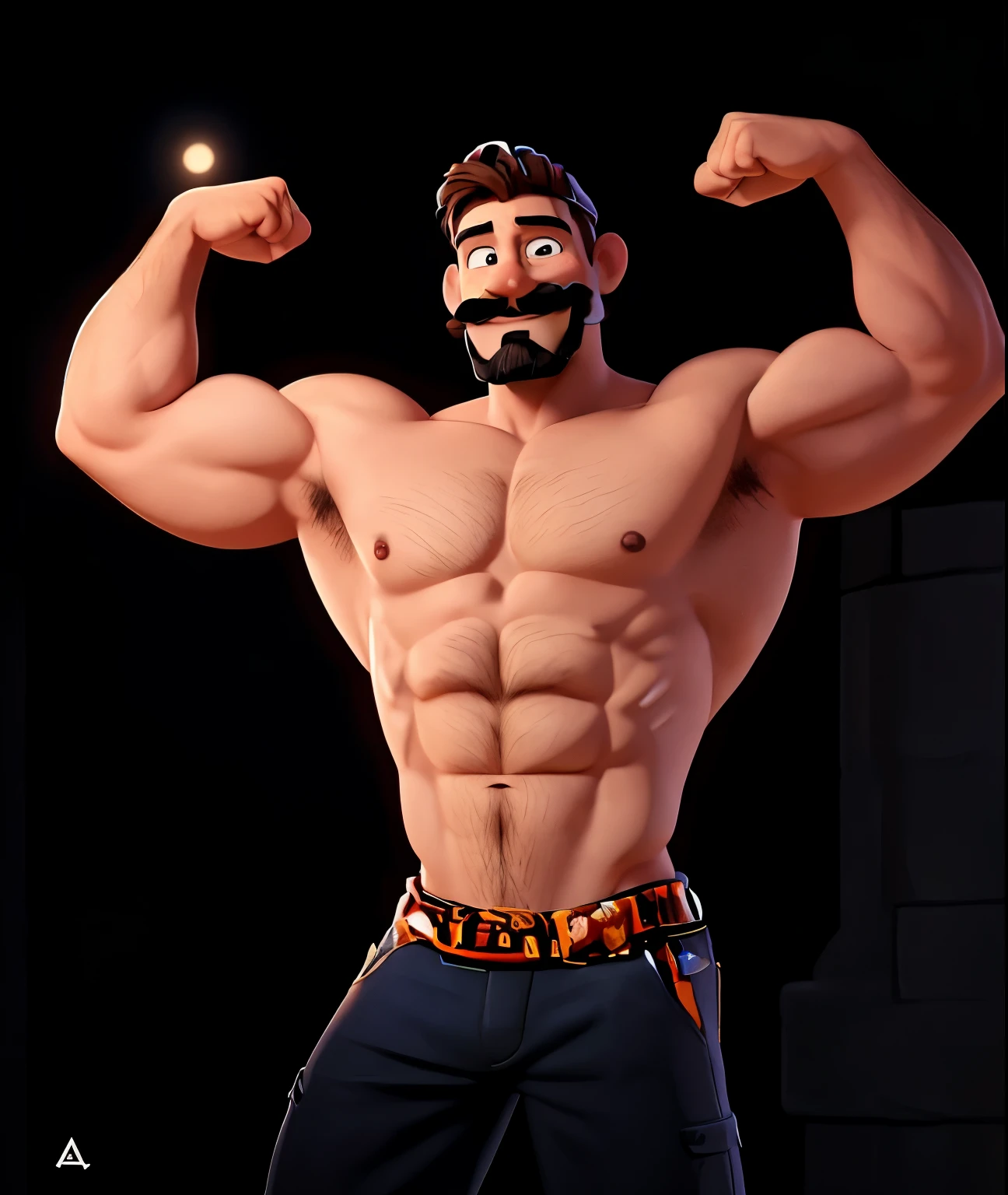 Book style illustration of a man wearing a goatee and mustache smiling wearing a hat, he is muscular and posing, sem camisa usando bermuda preta. Alta qualidade. Estilo cartoon