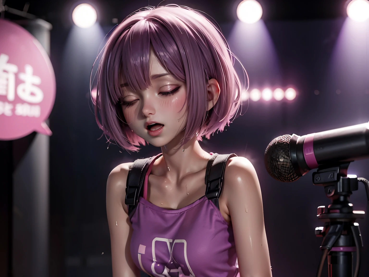 (1Beautiful woman with pink bob cut), (purple t-shirts), harf closed eyes, open mouth, (scattered sweat:1.1), (holding a handheld microphone and singing)、music studio