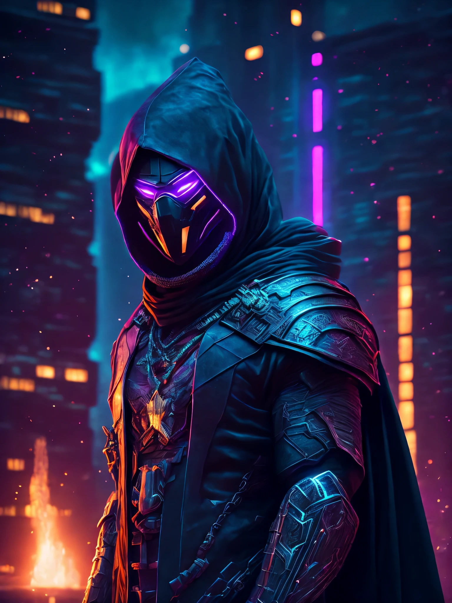 reaper portrait from Marvel dressed as a kurumi ninja with intricate angular cybernetic implants inside a brutalist building, gothic brutalist graveyard, cyberpunk, Foto premiada, Bokeh, Neon lights, cybernetic, fireworks in the background.