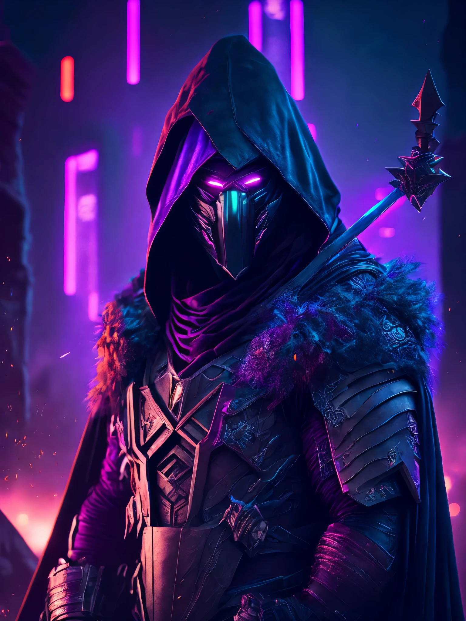 reaper portrait from Marvel dressed as a kurumi ninja with intricate angular cybernetic implants inside a brutalist building, gothic brutalist graveyard, cyberpunk, Foto premiada, Bokeh, Neon lights, cybernetic, fireworks in the background.