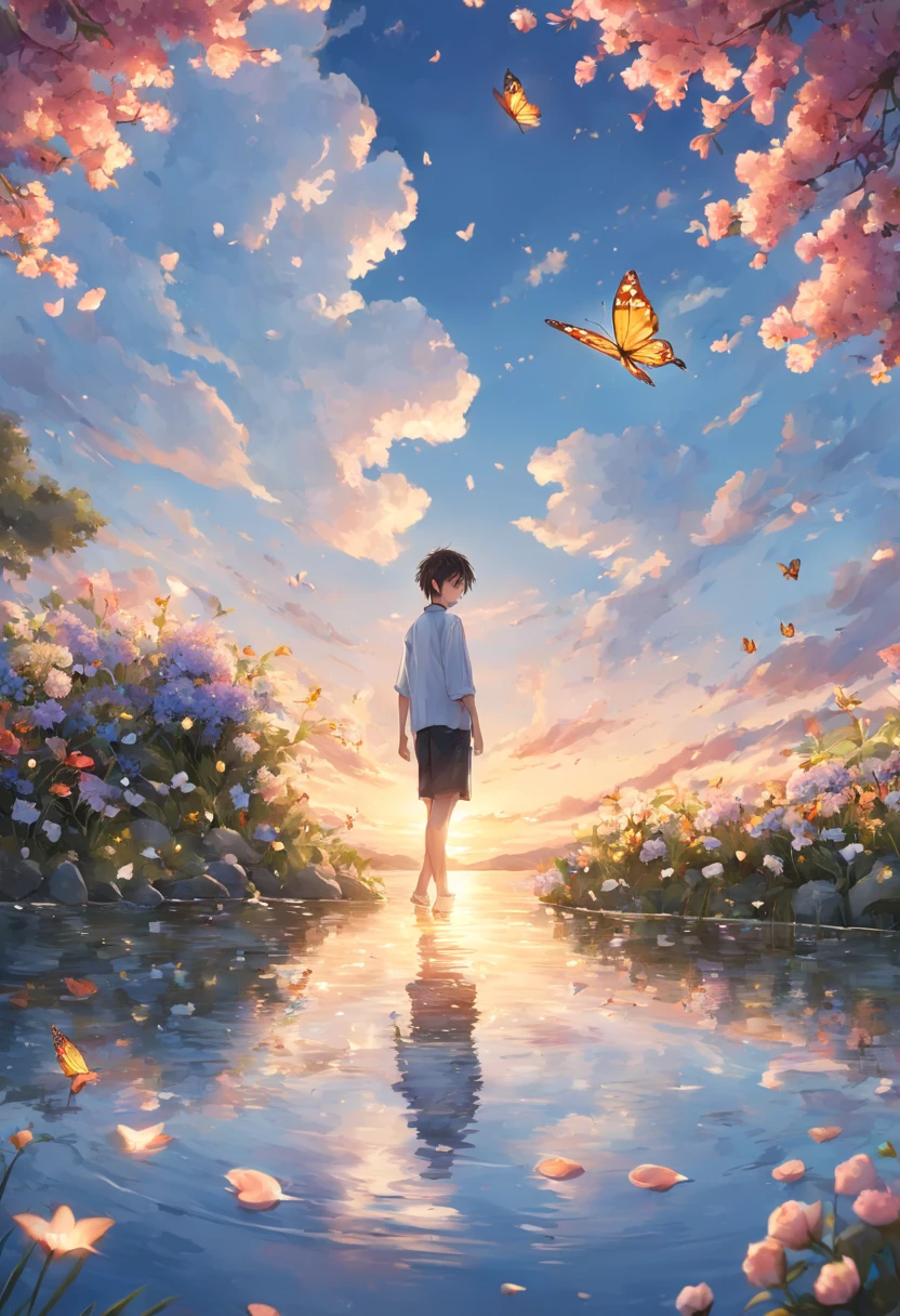 [(white background:1.5),::5] hexagon, 1boy, mid shot, full body, small butterflies, flowers,floating petal, peaceful water,cloud, sunset, garden, high quality, best, super detailed, beautiful detailed face
