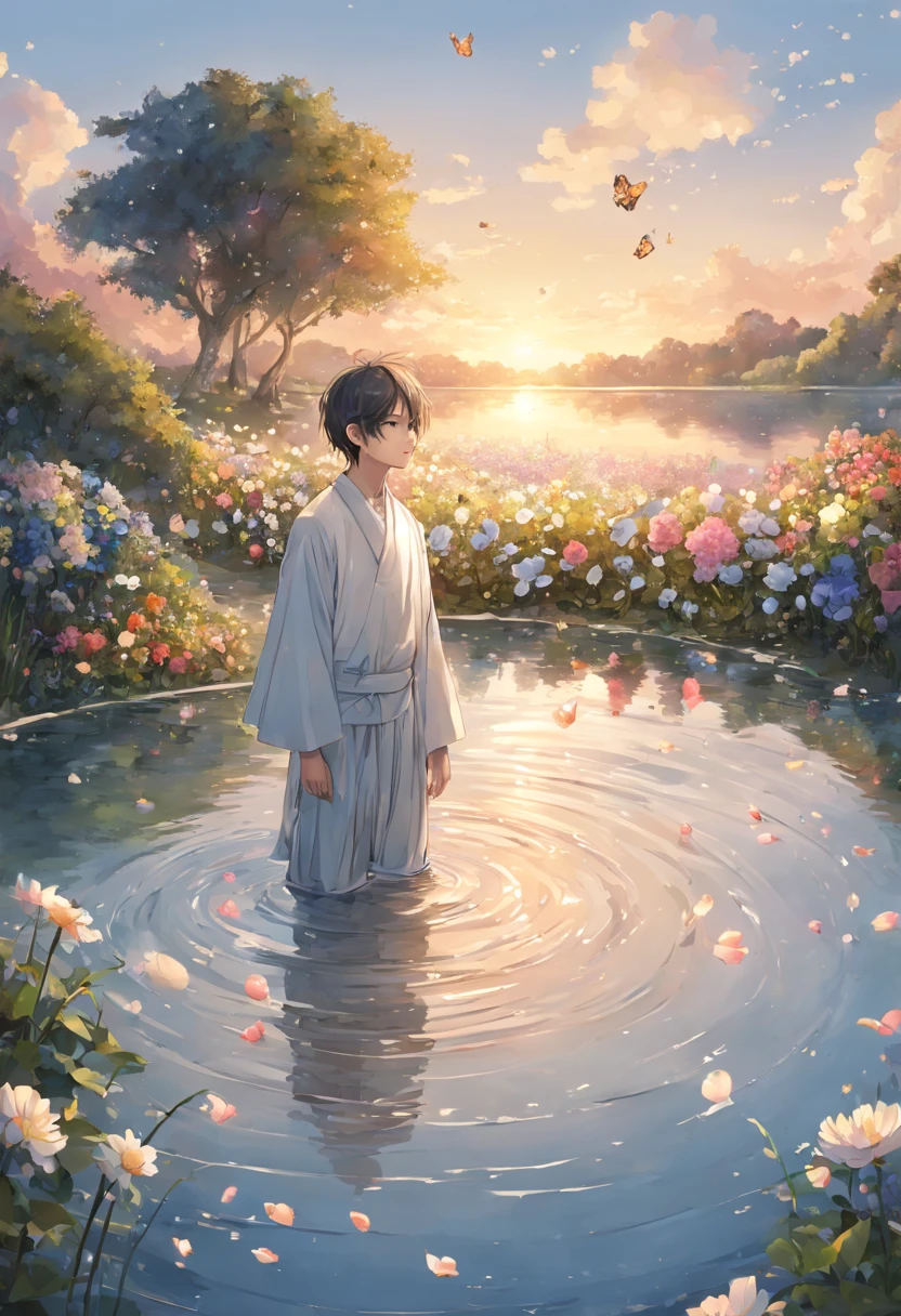 [(white background:1.5),::5] hexagon, 1boy, mid shot, full body, small butterflies, flowers,floating petal, peaceful water,cloud, sunset, garden, high quality, best, super detailed, beautiful detailed face
