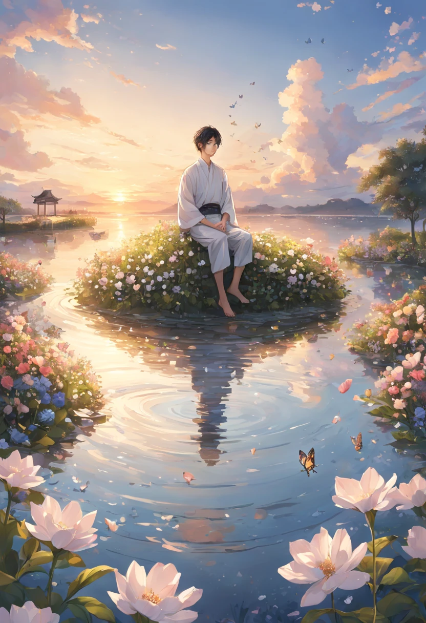[(white background:1.5),::5] hexagon, 1boy, mid shot, full body, small butterflies, flowers,floating petal, peaceful water,cloud, sunset, garden, high quality, best, super detailed, beautiful detailed face
