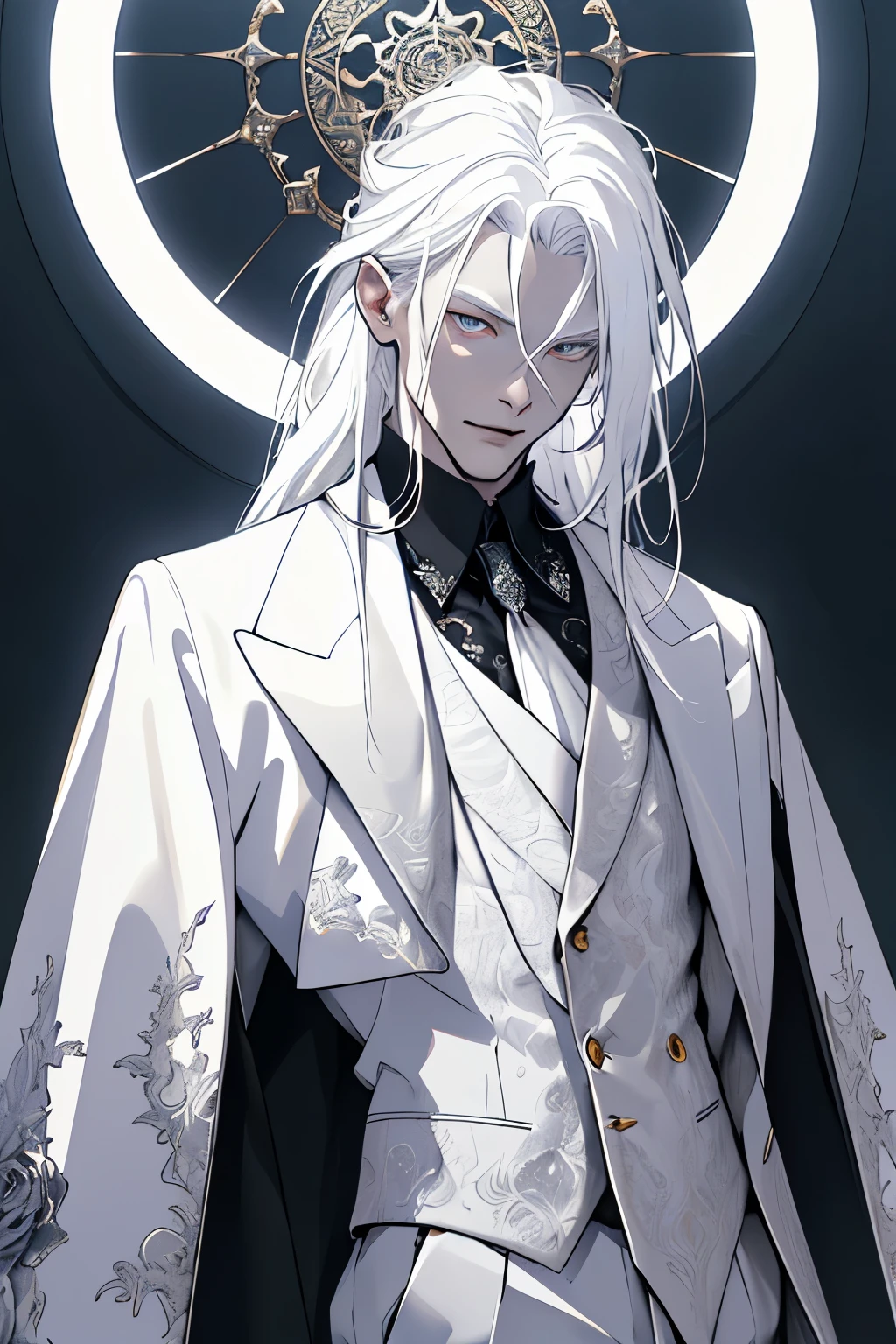 masterpiece, highest quality, approaching perfection, (perfect face:1.1), (high detail:1.1), dramatic, (1guy), pale skin, (long pure white hair:1.4), white eyes, Otto Seppalainen, solo, long hair, white luxury suit, covered navel, snob, albino, Luminous Studio graphics engine, pouty lips, devil magician, volumetric lighting, detailed eyes, (8k wallpaper masterpiece), hyper detailed, intricately detailed, overwhelmingly pixel perfect, roses, fashion, on side, looking at viewer, BalenciagaStyle