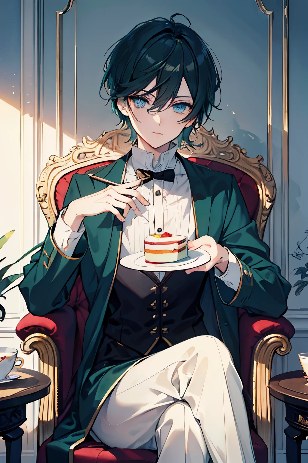 male Dark green hair blue eyes short hair one person Aristocratic costume plush furnishings eat cake set Drinking black tea table sit in a chair masterpiece Highest image quality noise removal clear parts cinematic shadow Increased attractiveness of the eyes clear parts the shine of the eyes Draw eyelashes neatly perfect eyes detailed eyes Sharpen image quality Sharpen eye writing clear parts eye shape