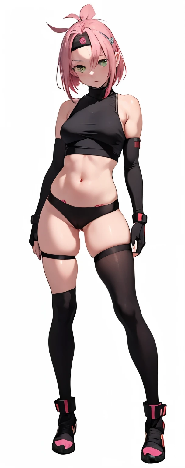(masterpiece: 1.2), (high quality), 1girl, solo, standing, sakura haruno, pink hair, short hair, with a red ninja headband on her head, green eyes, red sleeveless shirt, pink elbow protectors, wearing black gloves, tight black shorts pants, short tights transparent pants visible pussy pussy, transparent short black tights, see through visible vagina pussy, with a white bandage on the right thigh, black high boots, full body real, realistic, reality, ultra detailed, image looks very detailed, UHD quality, 8k, 8k wallpaper, 70mm transparent short black tights, see through visible vagina pussy,