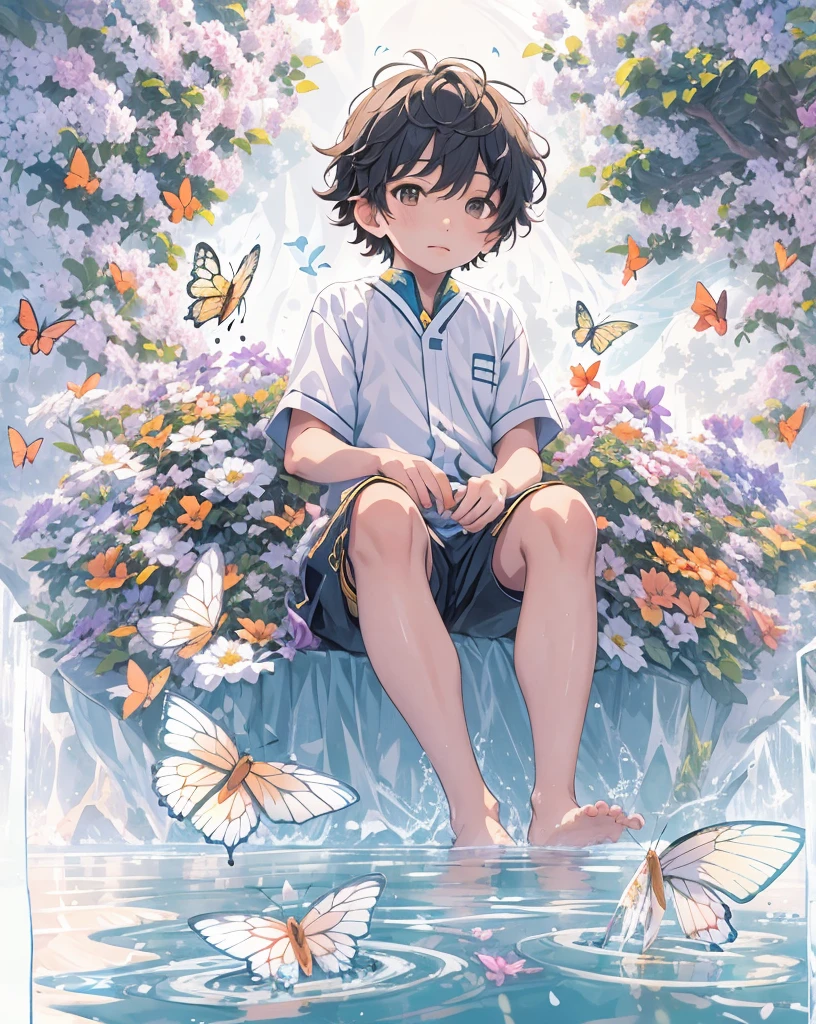 [(white background:1.5),::5] hexagon, 1boy, mid shot, full body, small butterflies, flowers,floating petal, peaceful water,cloud, sunset, garden, high quality, best, super detailed, beautiful detailed face
