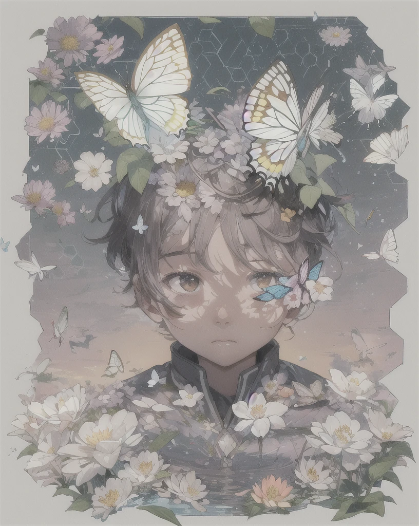 [(white background:1.5),::5] hexagon, 1boy, mid shot, full body, small butterflies, flowers,floating petal, peaceful water,cloud, sunset, garden, high quality, best, super detailed, beautiful detailed face
