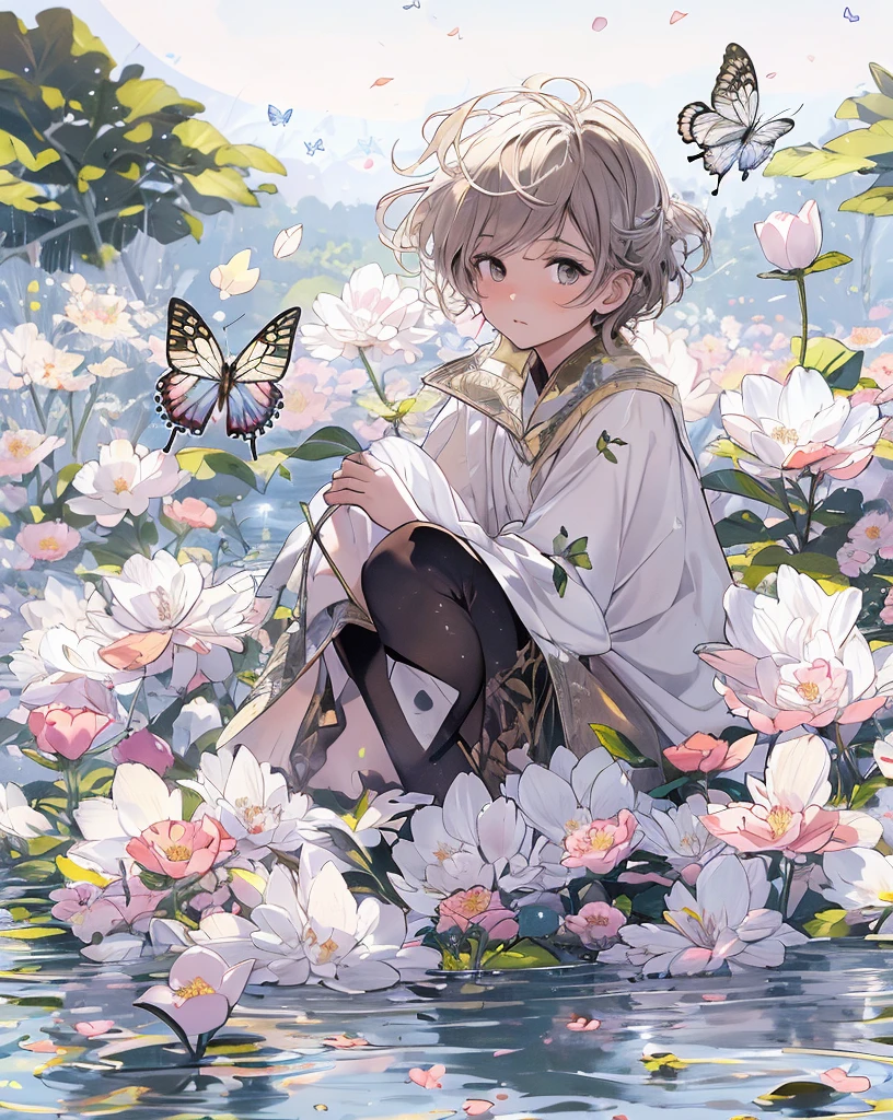 [(white background:1.5),::5] hexagon, 1boy, mid shot, full body, small butterflies, flowers,floating petal, peaceful water,cloud, sunset, garden, high quality, best, super detailed, beautiful detailed face
