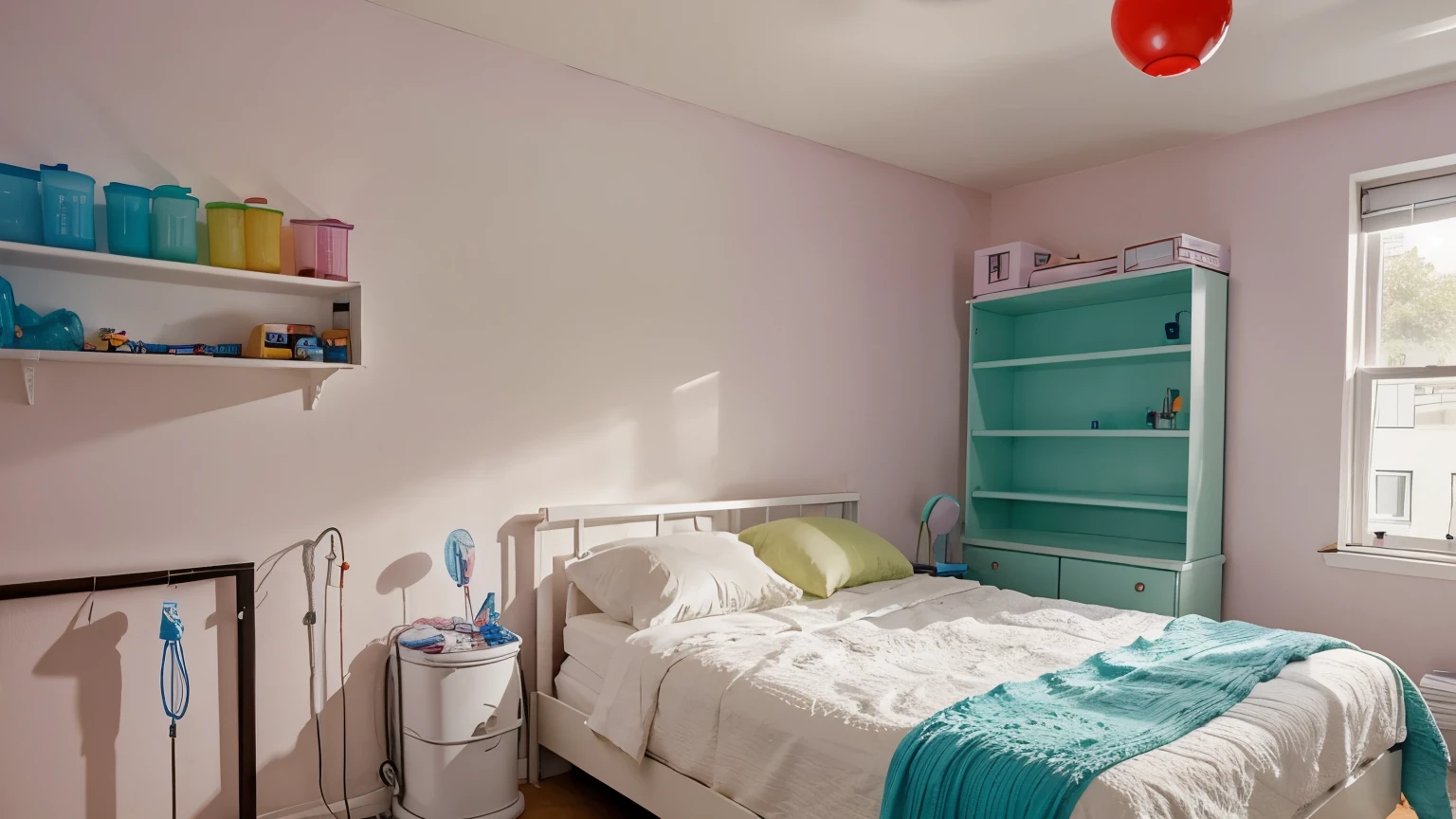 half the height of the bedroom is filled with colored plastic balls, the syringes are almost up to the ceiling