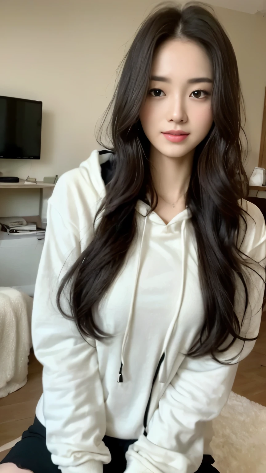 ((top-quality、8k、masterpiece:1.3))、Beautiful woman with perfect body:1.4、slim abdomen:1.2、Longhair, normal breast, Highly detailed facial and skin texture, A detailed eye, delicate eyes, double eyelid, (smile), (full body shot), ((computer room)), (sitting on chair), (((wearing white hooded))), looking in front