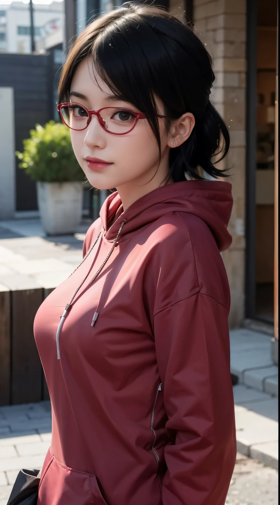 1 girl, create a character (uchiha sarada) with photo realistic, real life, features, wearing red glasses, red glasses accessories, short hair, bangs sweeping to the left, with a medium sized left sponge hairstyle, cute face, beautiful teenager, glowing skin, deep red eye lenses, pink lips/lipstick, expression focused on the screen, with a sweet faint smile, half body, sexy body, large/medium breasts, photo size: 6-19, Tokyo Street, evening , cityscape, city lights, upper body, RAW photos , best quality, masterpiece, realistic, photo-realistic, plain yellow hoodie, half body, bangs, jet black puff, freestyle photos,( jaket punk in love ) sport riexsond 