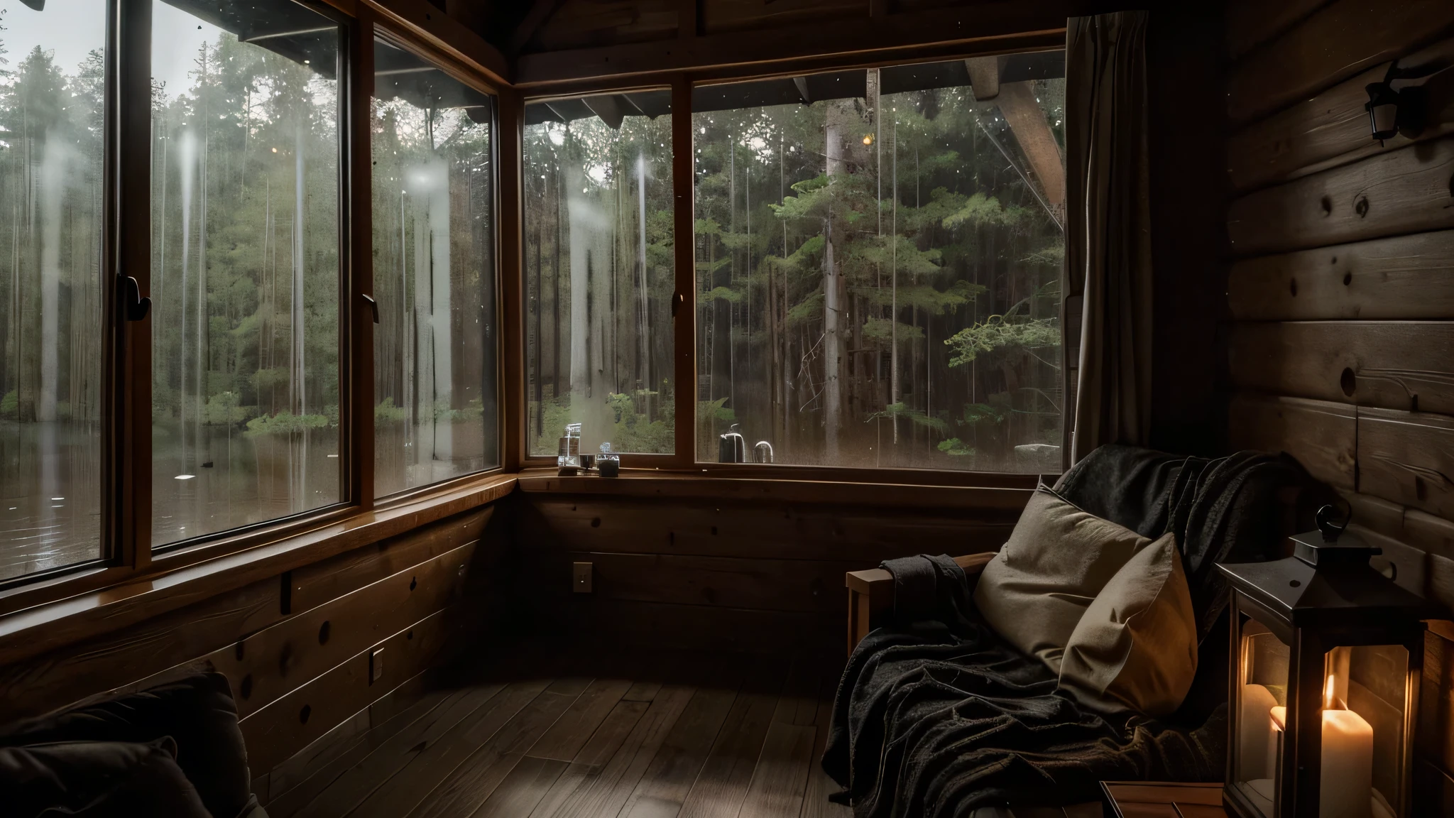 "Gere uma imagem cativante capturando a vista de dentro da varanda de uma cabana em uma noite chuvosa e escura dentro de uma floresta. Utilize an 80mm camera perspective to convey a realistic and immersive feel. Emphasize the cozy atmosphere with soft lighting, exibindo gotas de chuva na janela da varanda. Illuminate the interior space to reveal a warm and inviting environment, contrastando com o frio, rainy scene outside. Create a composition that evokes the serenity of being sheltered in a cabin while witnessing the beauty and mystery of a rainy night in the woods."

