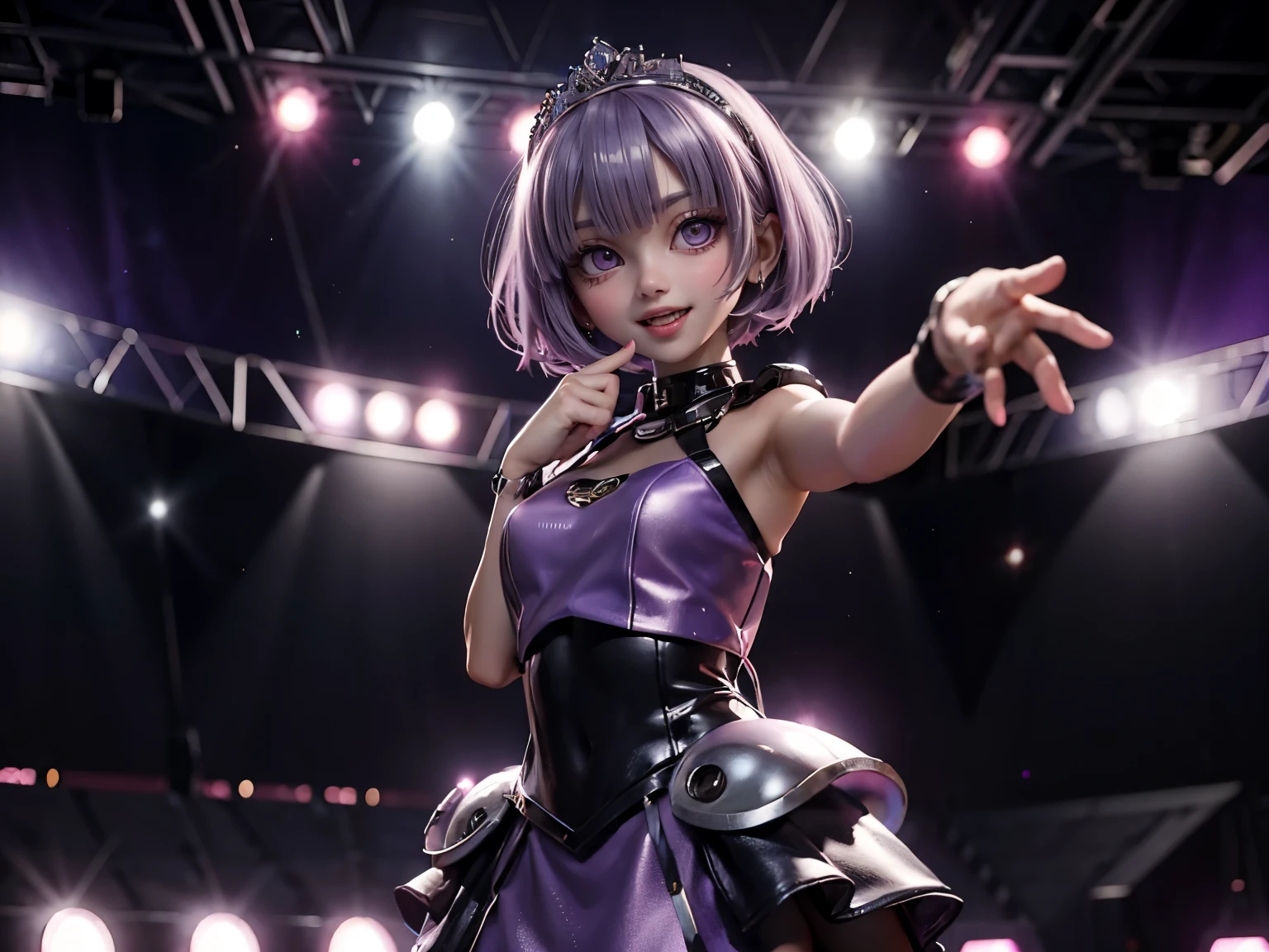 Beautiful woman with pink bob cut、18歳、silver tiara、(purple cyberpunk dress)、smile, (open mouth)、(giving a speech in front of a crowd)、on the stage, standing, hand mic, future space conference