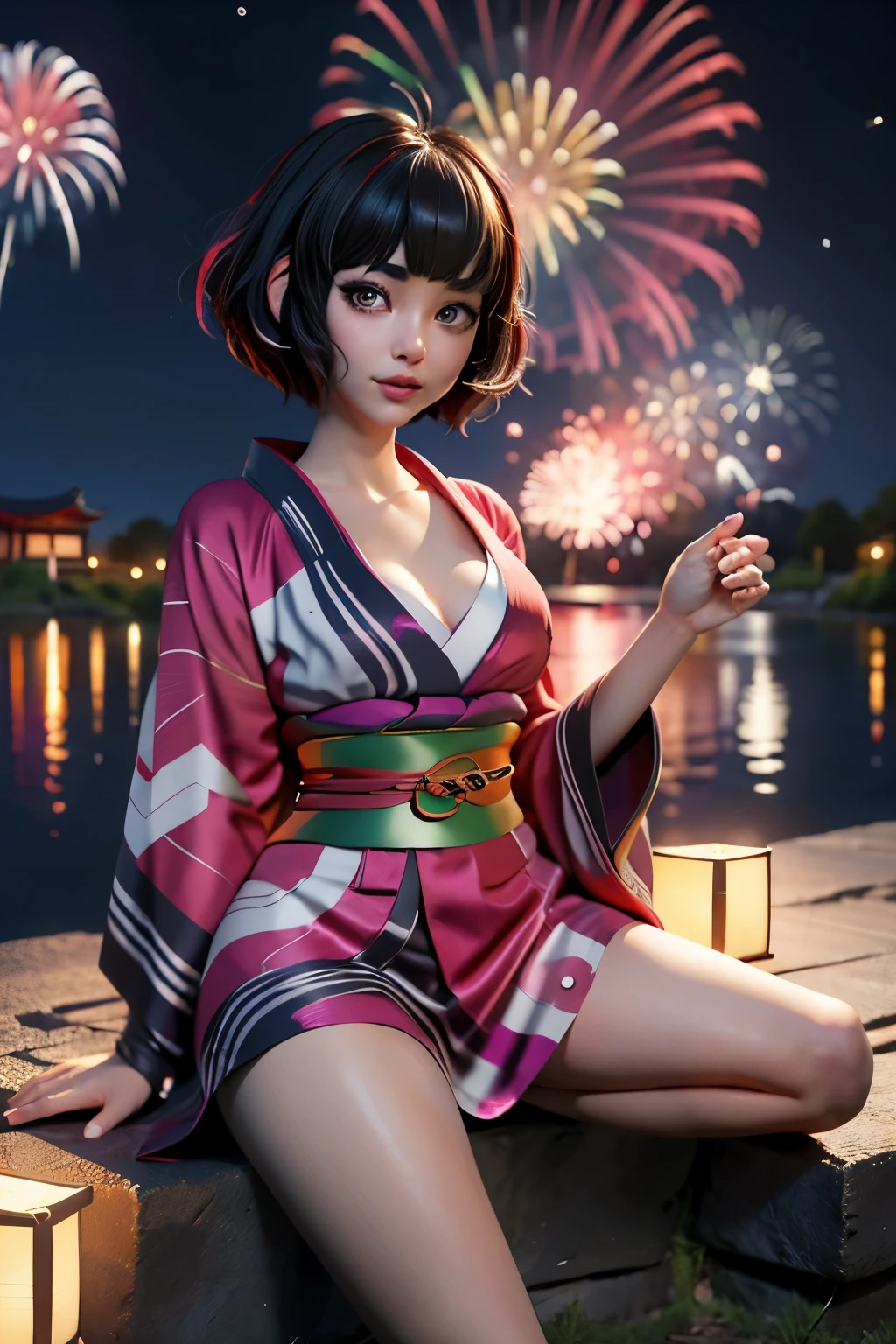 Japanese anime style、1 girl、cute、solo、night、sitting、date、(redness of the nose)、(laughter:1.1)、(closed)、C cup breasts,、beautiful eyes、(Short-haired black hair)、(((fireworks filling the sky、night)))、(((kimono、Yukata)))、cleavage on chest、perfect body、perfect fingers、professional lighting、japanese goddess、gravure、Detailed face and skin anime style texture、anime style eyes、3D,