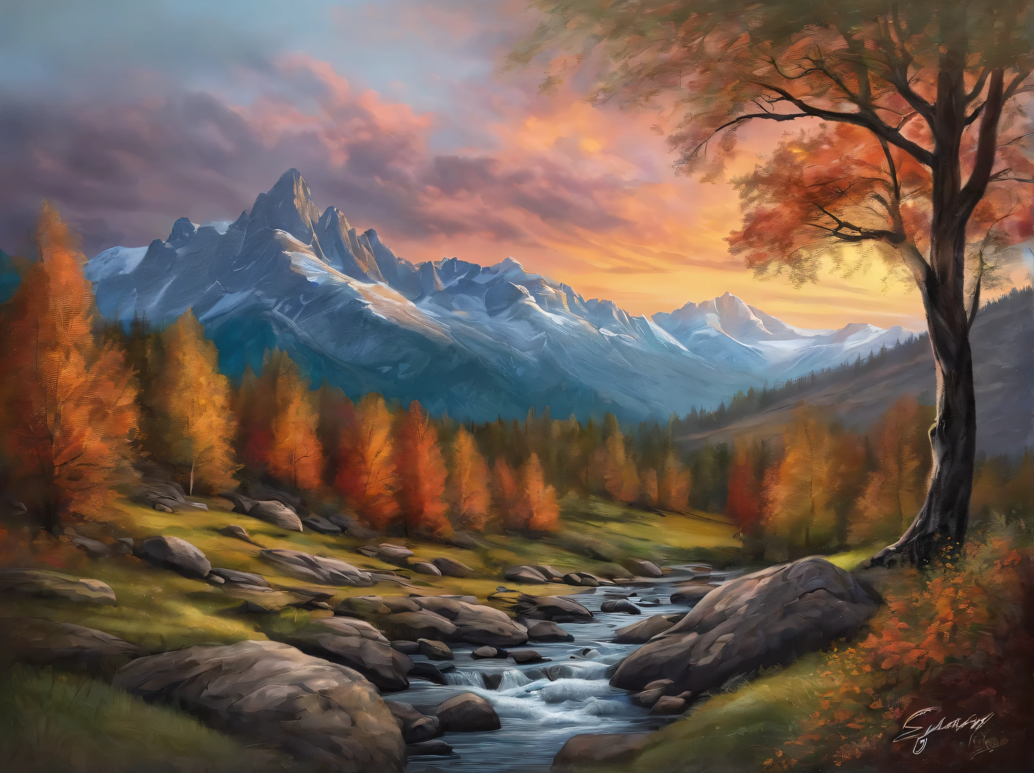 drawing, colored sketch of mountain landscape