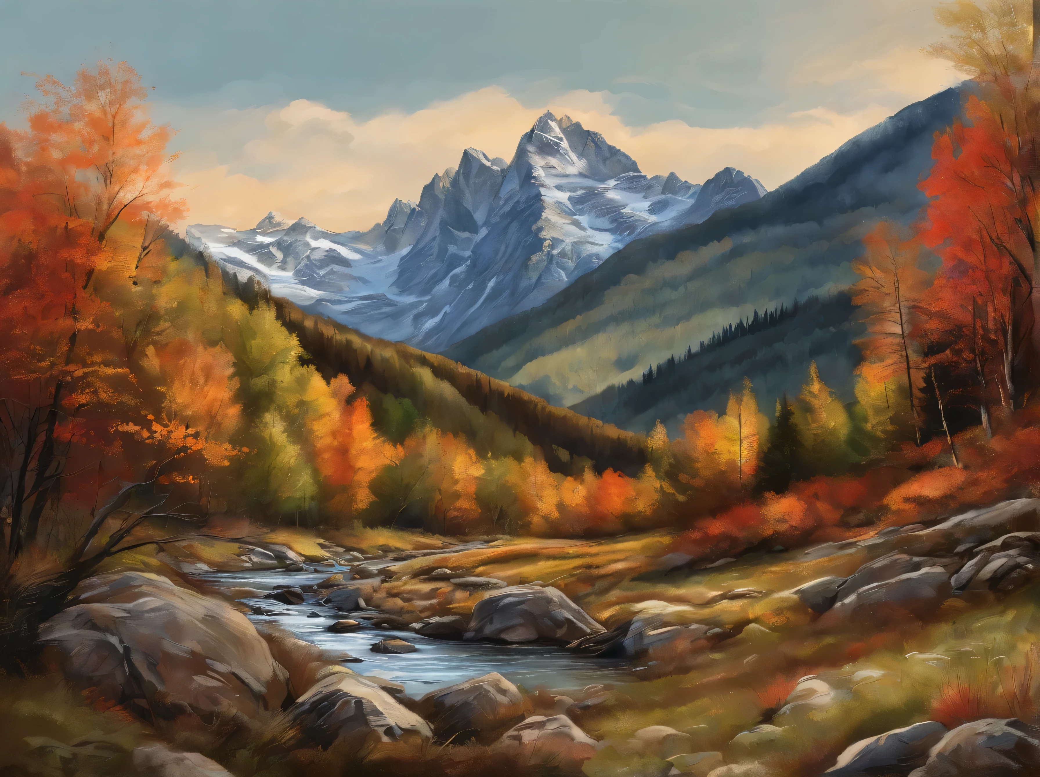 drawing, colored sketch of mountain landscape
