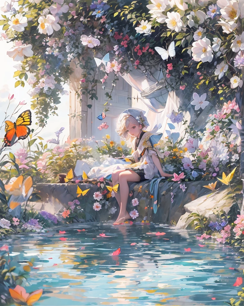 [(white background:1.5),::5] hexagon, 1boy, mid shot, full body, small butterflies, flowers,floating petal, peaceful water,cloud, sunset, garden, high quality, best, super detailed, beautiful detailed face
