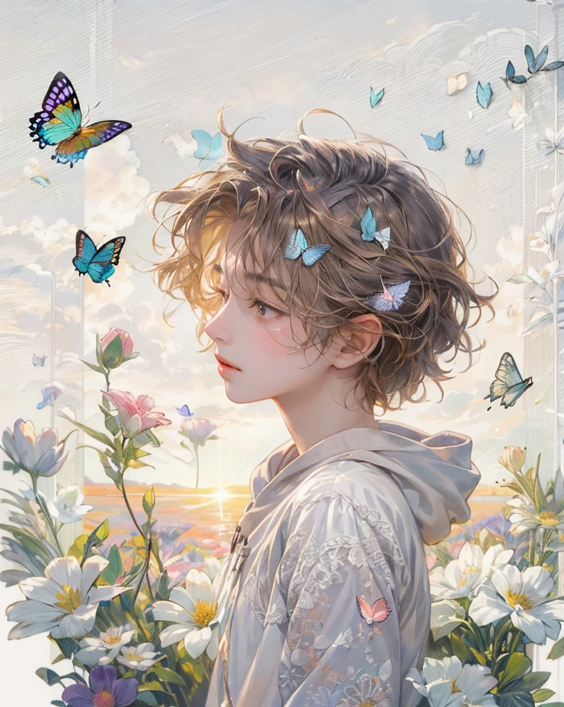 [(white background:1.5),::5] hexagon, 1boy, mid shot, full body, small butterflies, flowers,floating petal, peaceful water,cloud, sunset, garden, high quality, best, super detailed, beautiful detailed face
