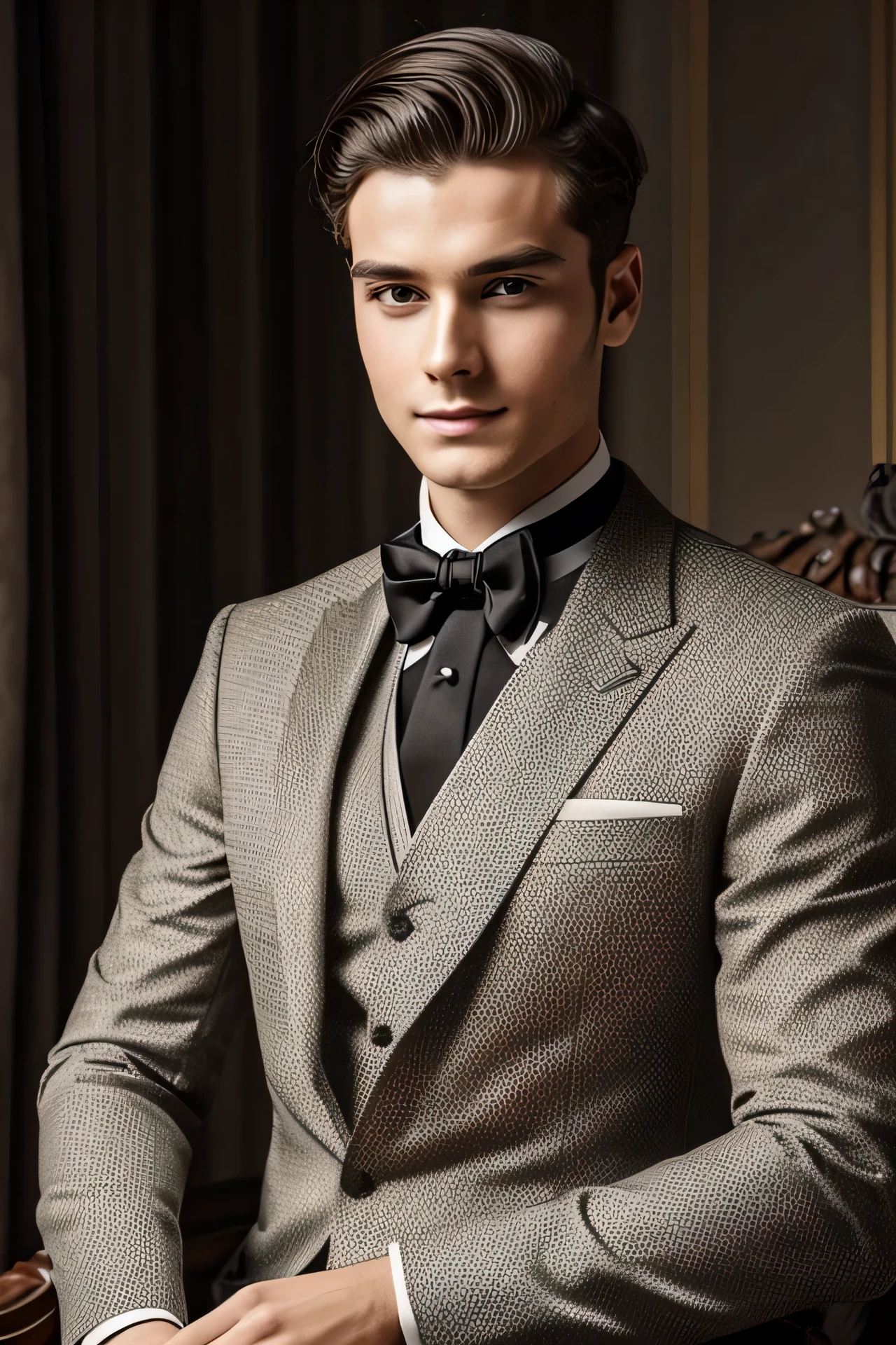 young gentleman in a formal dress with suitable face, no beard and suitable hairstyle.