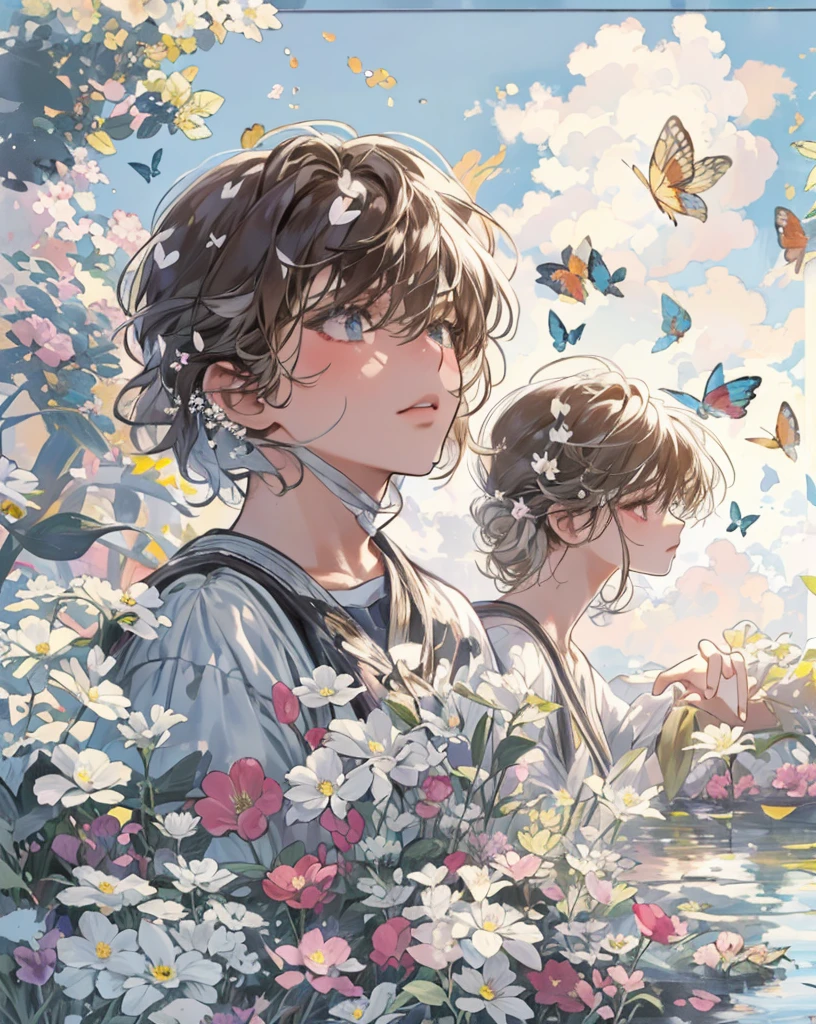 [(white background:1.5),::5] hexagon, 1boy, mid shot, full body, small butterflies, flowers,floating petal, peaceful water,cloud, sunset, garden, high quality, best, super detailed, beautiful detailed face
