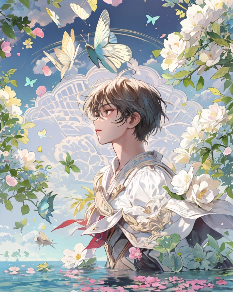 [(white background:1.5),::5] hexagon, 1boy, mid shot, full body, small butterflies, flowers,floating petal, peaceful water,cloud, sunset, garden, high quality, best, super detailed, beautiful detailed face
