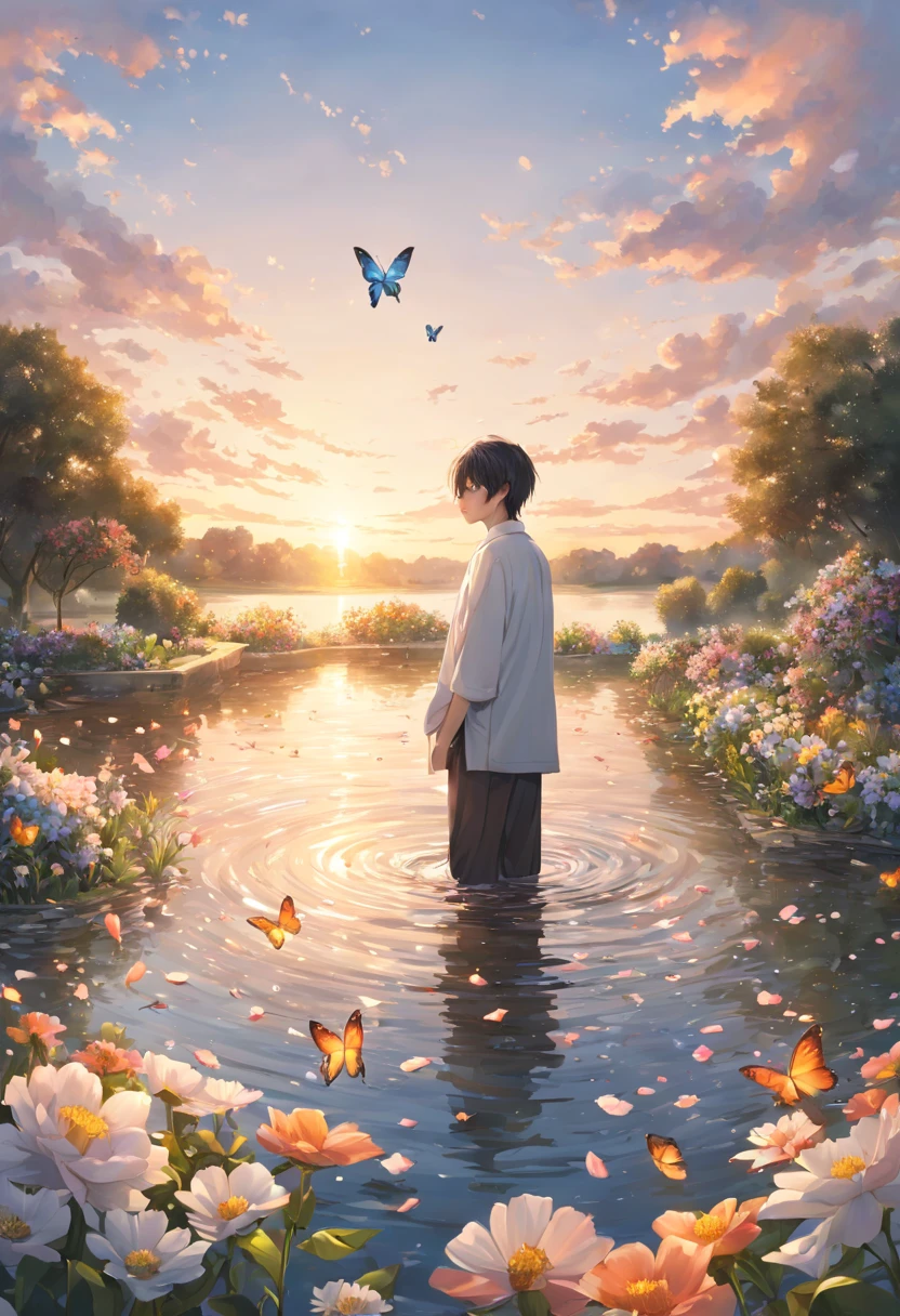 [(white background:1.5),::5] hexagon, 1 man, mid shot, full body, small butterflies, flowers,floating petal, peaceful water,cloud, sunset, garden, high quality, best, super detailed, beautiful detailed face
