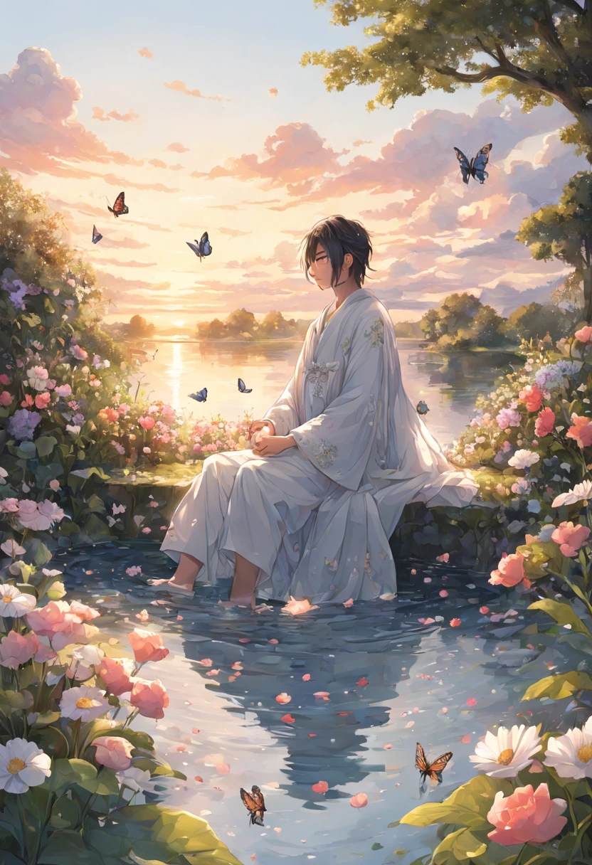 [(white background:1.5),::5] hexagon, 1 man, mid shot, full body, small butterflies, flowers,floating petal, peaceful water,cloud, sunset, garden, high quality, best, super detailed, beautiful detailed face
