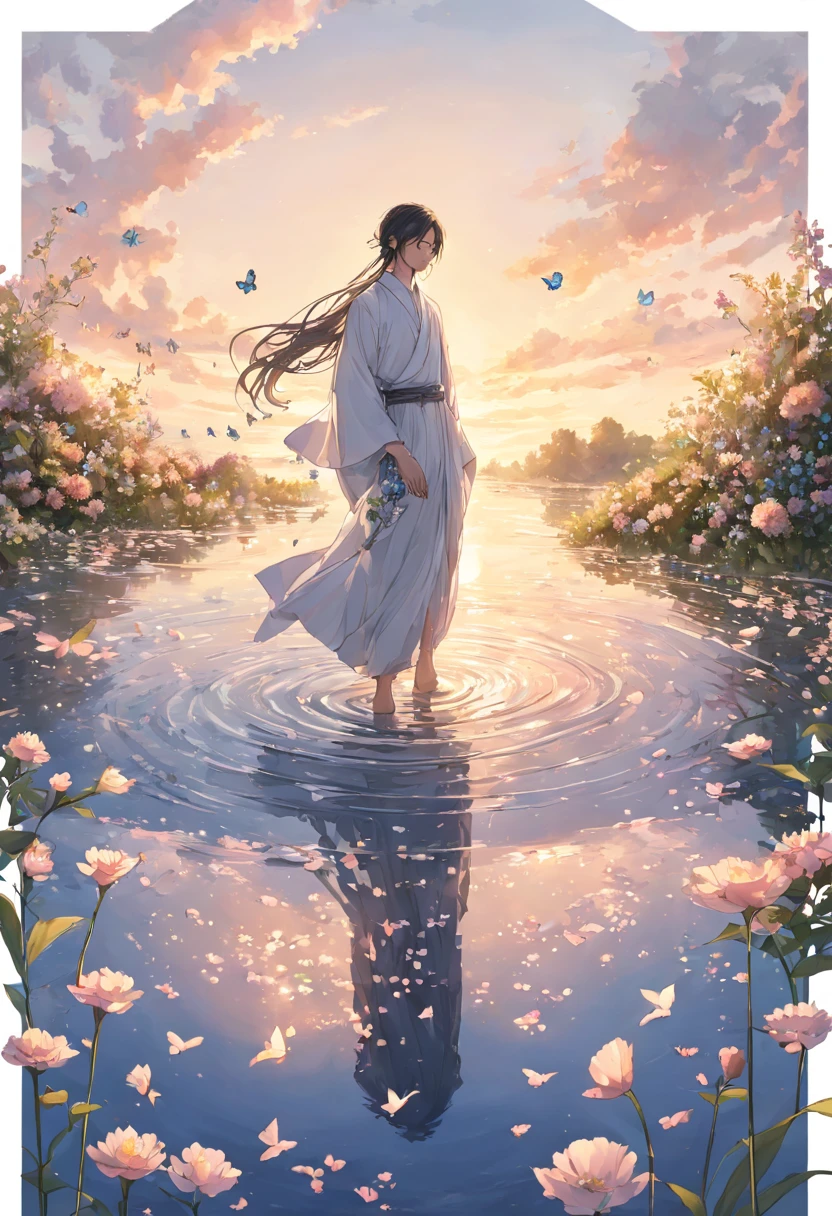 [(white background:1.5),::5] hexagon, 1 man, mid shot, full body, small butterflies, flowers,floating petal, peaceful water,cloud, sunset, garden, high quality, best, super detailed, beautiful detailed face
